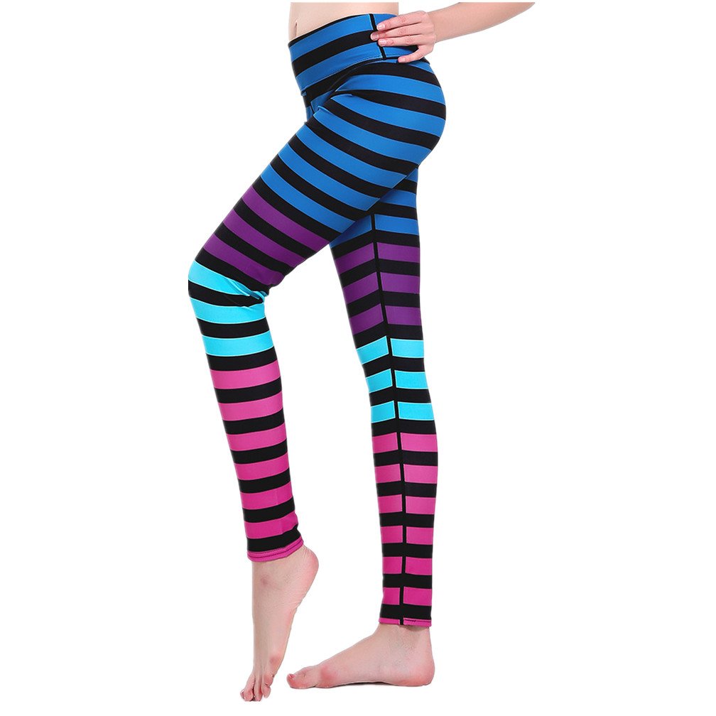 Women's High Waisted Striped Yoga Pants with Tummy Control - Ankle Length Workout Leggings for Running, Gym & Lounge Wear