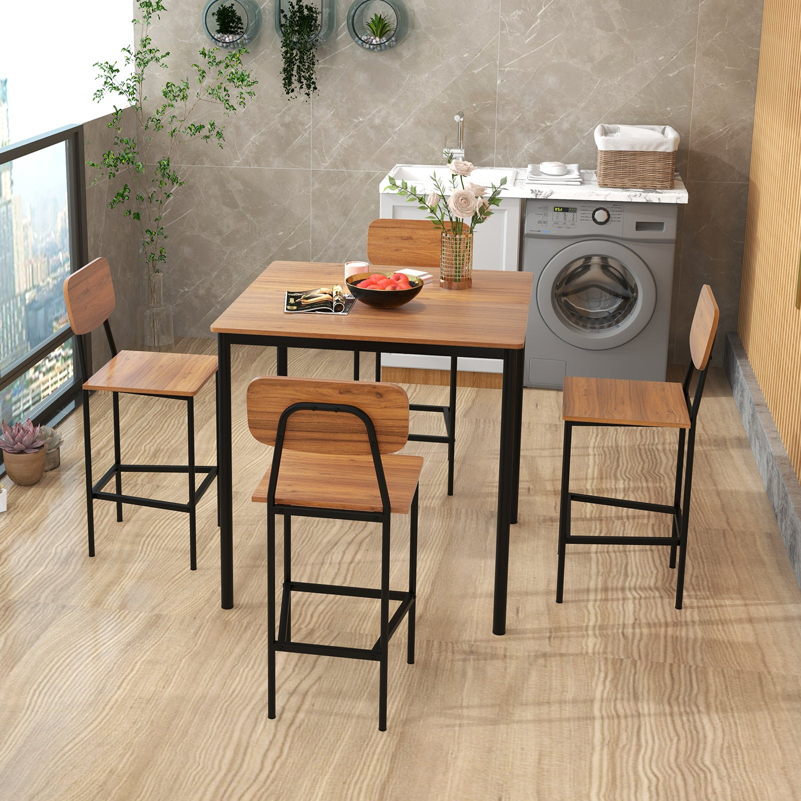 Costway 5-Piece Industrial Dining Set with Counter Height Table & 4 Bar Stools - Perfect for Kitchen, Breakfast Nook & Small Space Dining