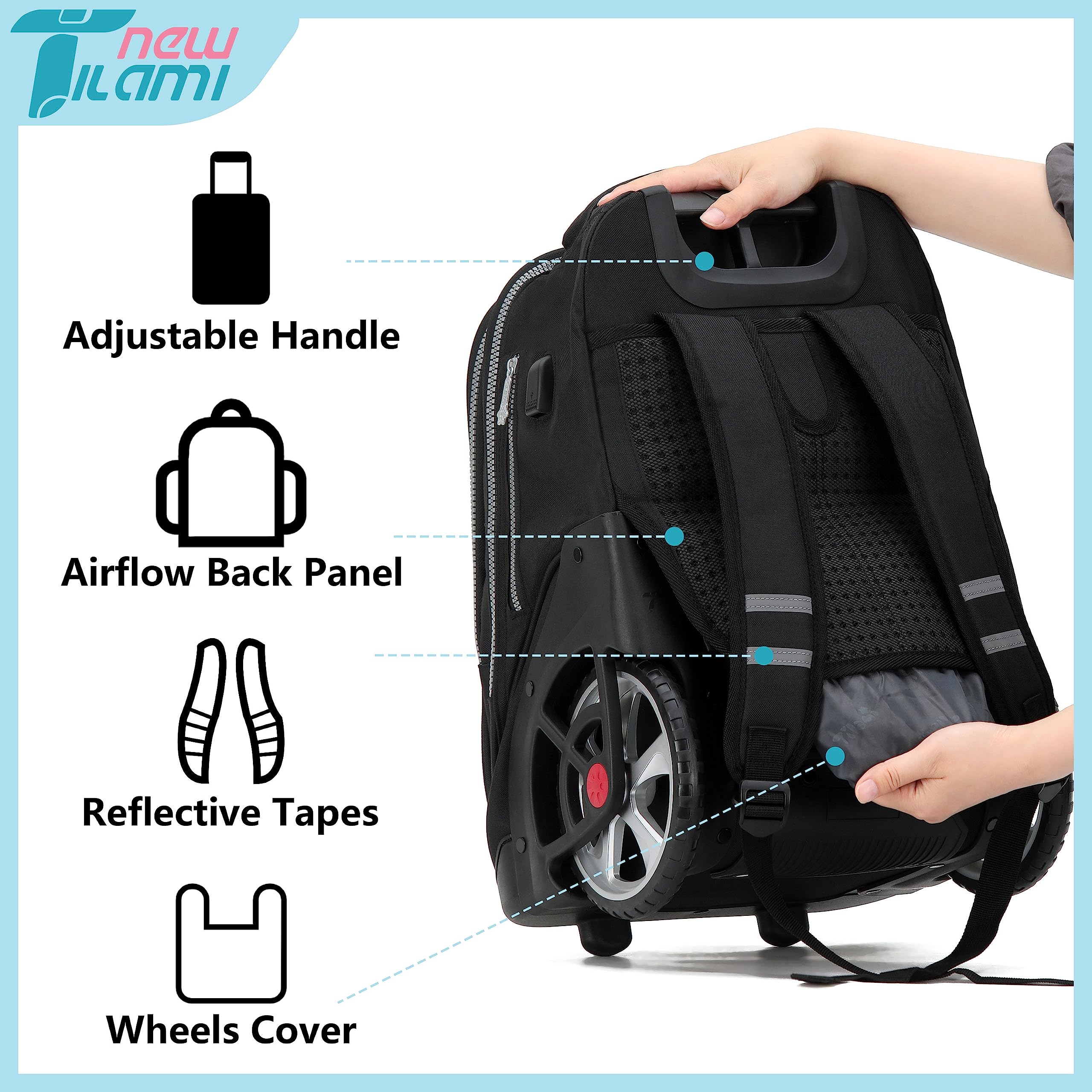 TILAMI 19 Inch Rolling Backpack with Lunch Compartment - Wheeled Laptop Backpack for Travel, School & Work - Durable Carry-On Bookbag with Wheels for Men & Women (Black) | Perfect for Business Trips, College Students & Daily Commute