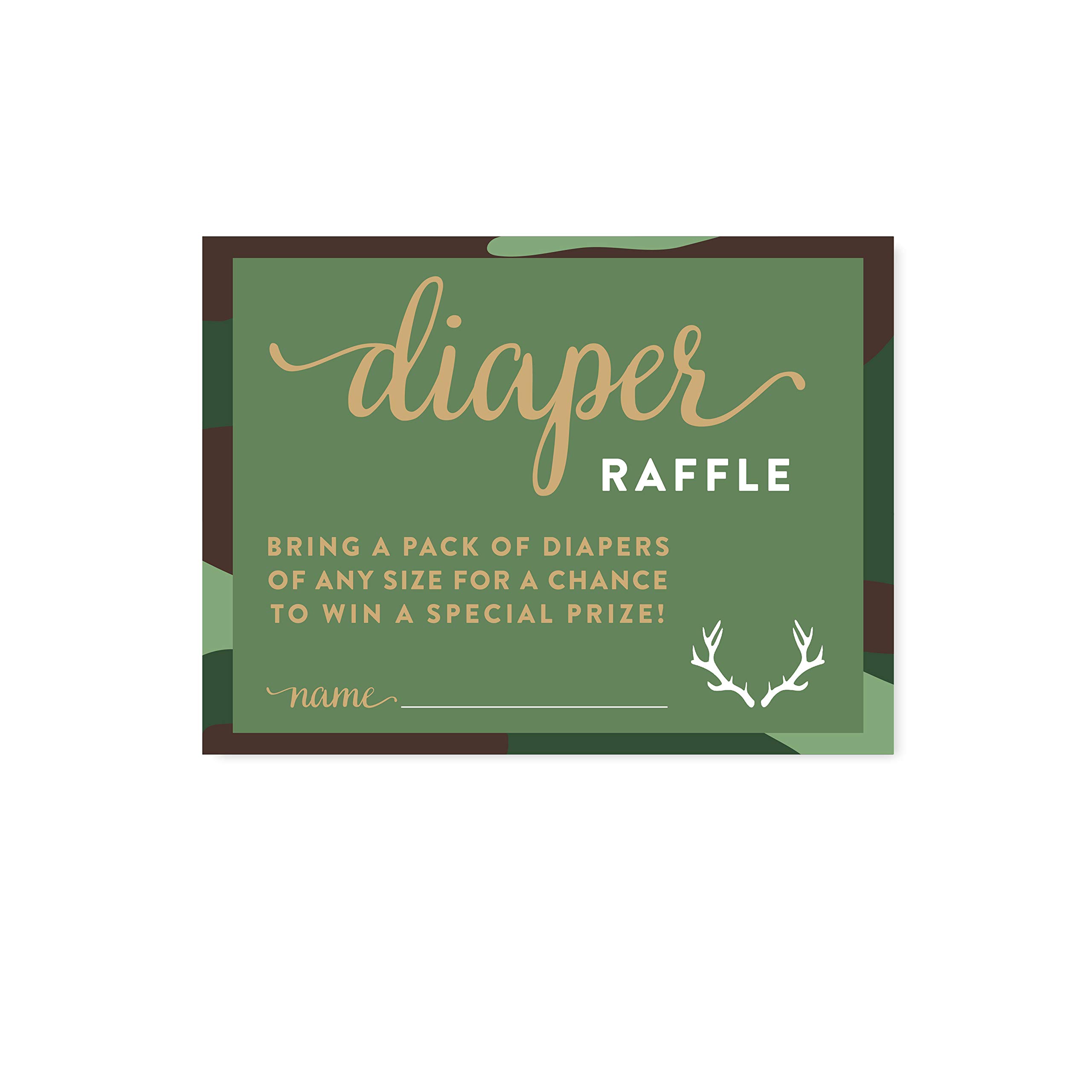 Andaz Press Woodland Camouflage Baby Shower Decorations Set - 30-Pack with Games, Activities, Diaper Raffle Cards for Boys - Perfect for Outdoor-Themed Baby Showers and Gender Reveal Parties