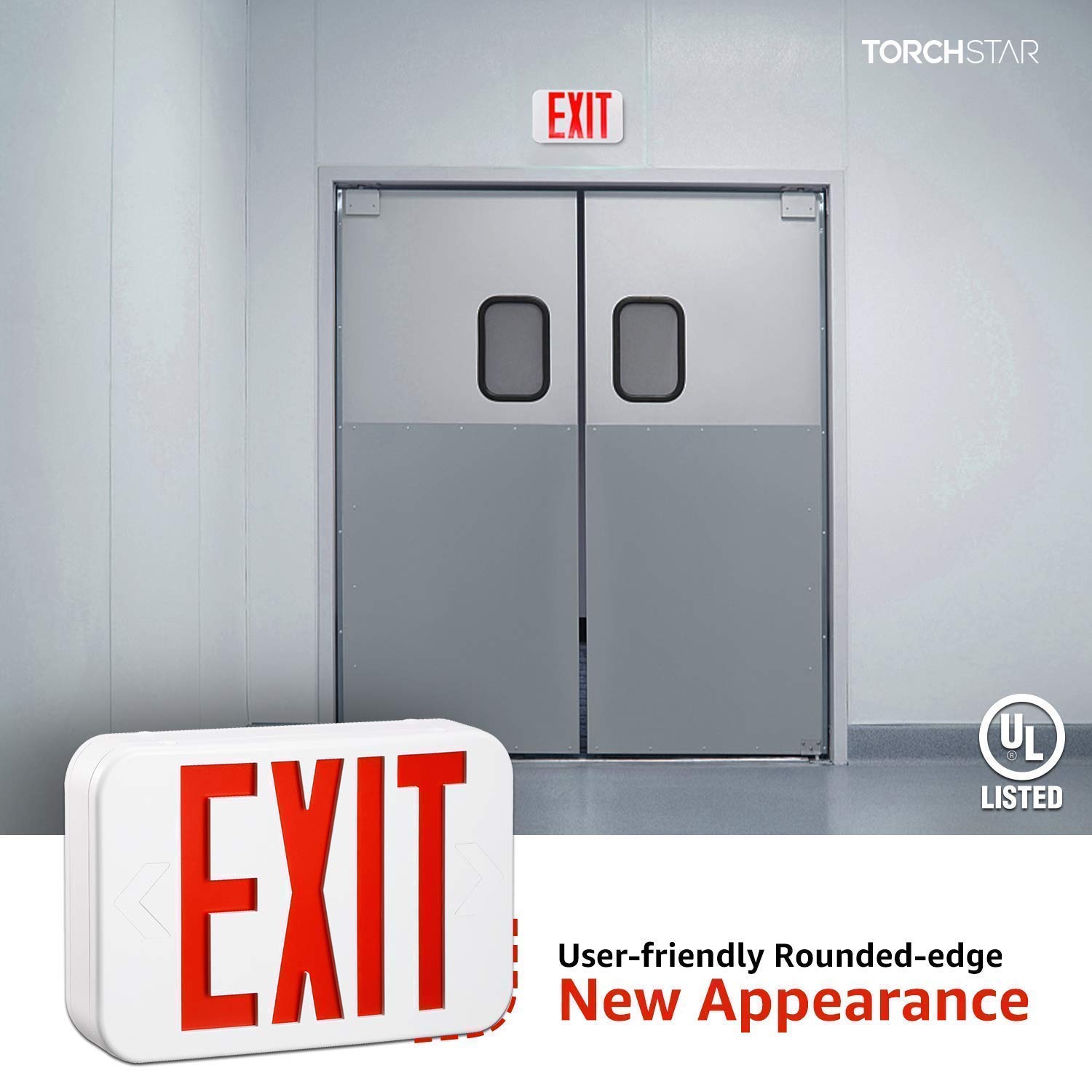 TORCHSTAR 2-Pack UL Listed LED Emergency Light Bundle - Square LED Exit Sign with Red Light, Dual Head & Single/Double Face for Commercial Buildings, Warehouses, and Office Safety Evacuation