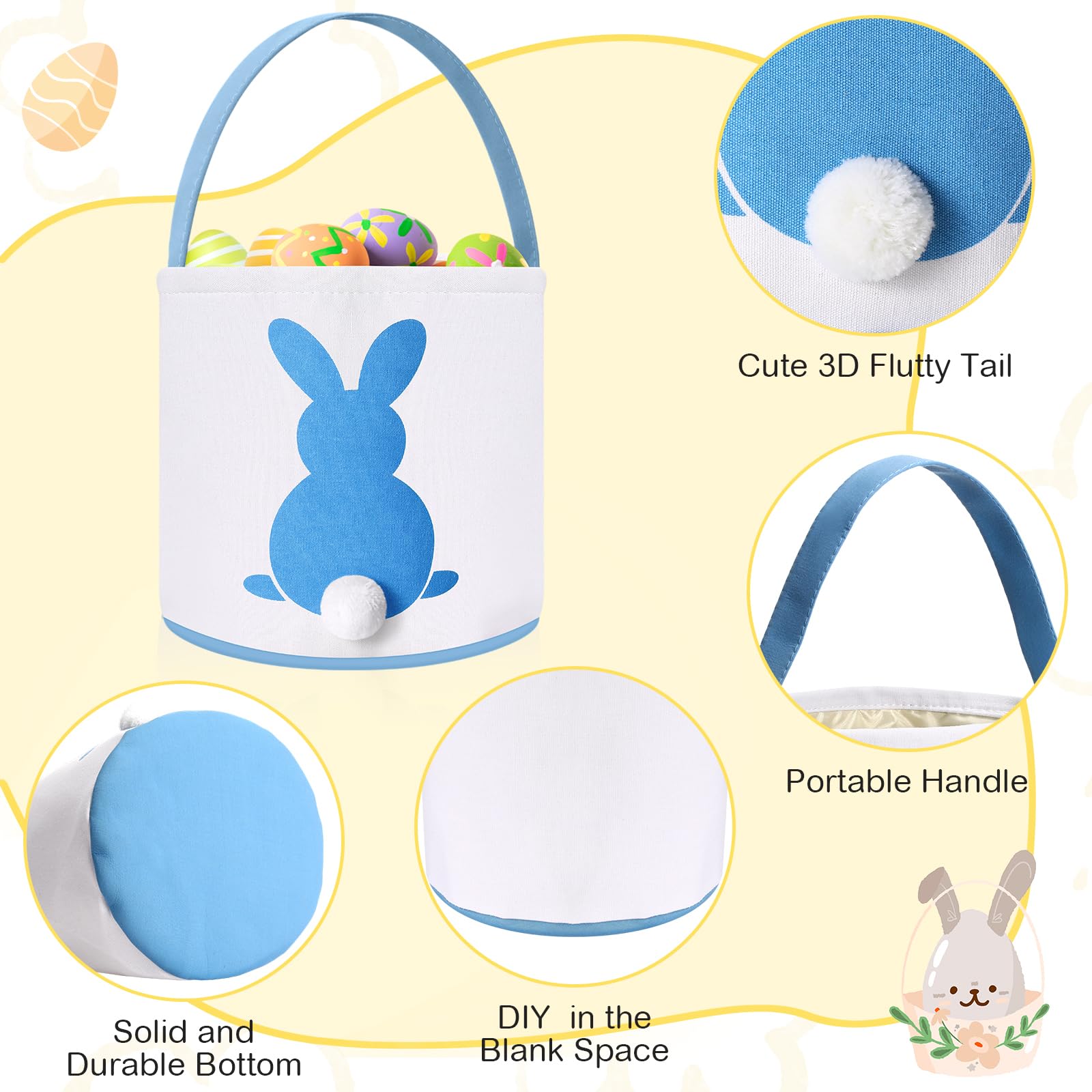 Domensi 6-Piece Bunny Easter Basket Set with Plush Bunny Headbands for Kids & Adults - Small Canvas Easter Baskets Bulk for Easter Egg Hunt Favors (9x9.45 Inches) - Perfect for Easter Parties, Classroom Treats & Spring Celebrations