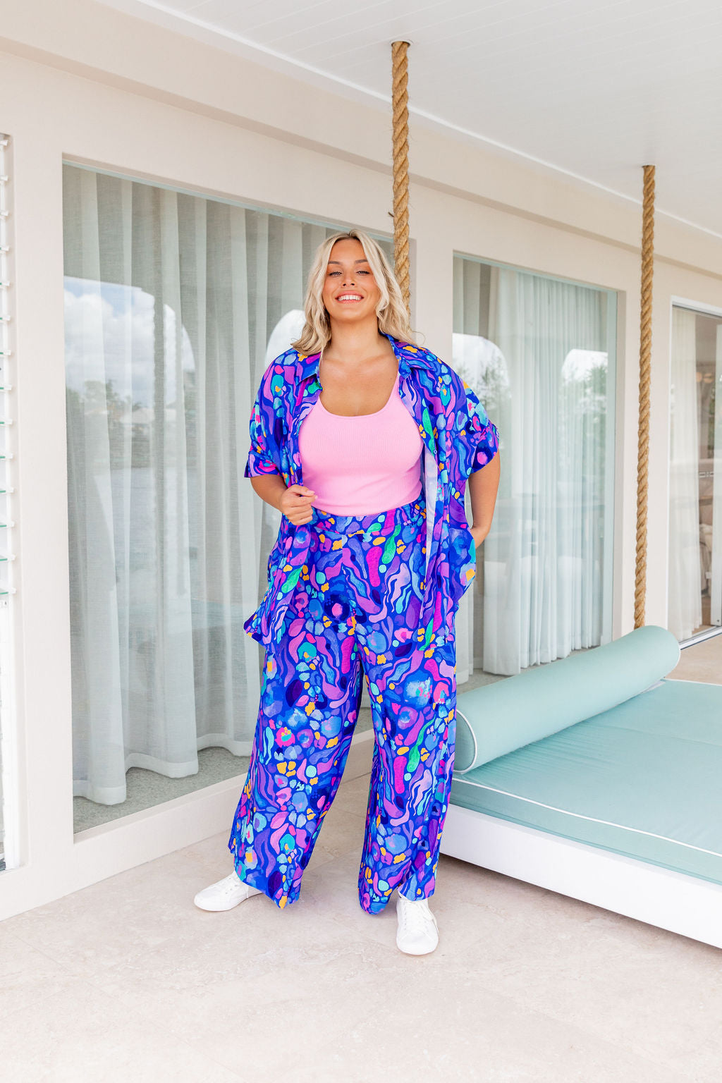 Kasey Rainbow Larsa Pants - Women's High Waisted Flowy Beach Pants in Reef Blue | Perfect for Summer Vacations, Beach Outings & Boho Fashion
