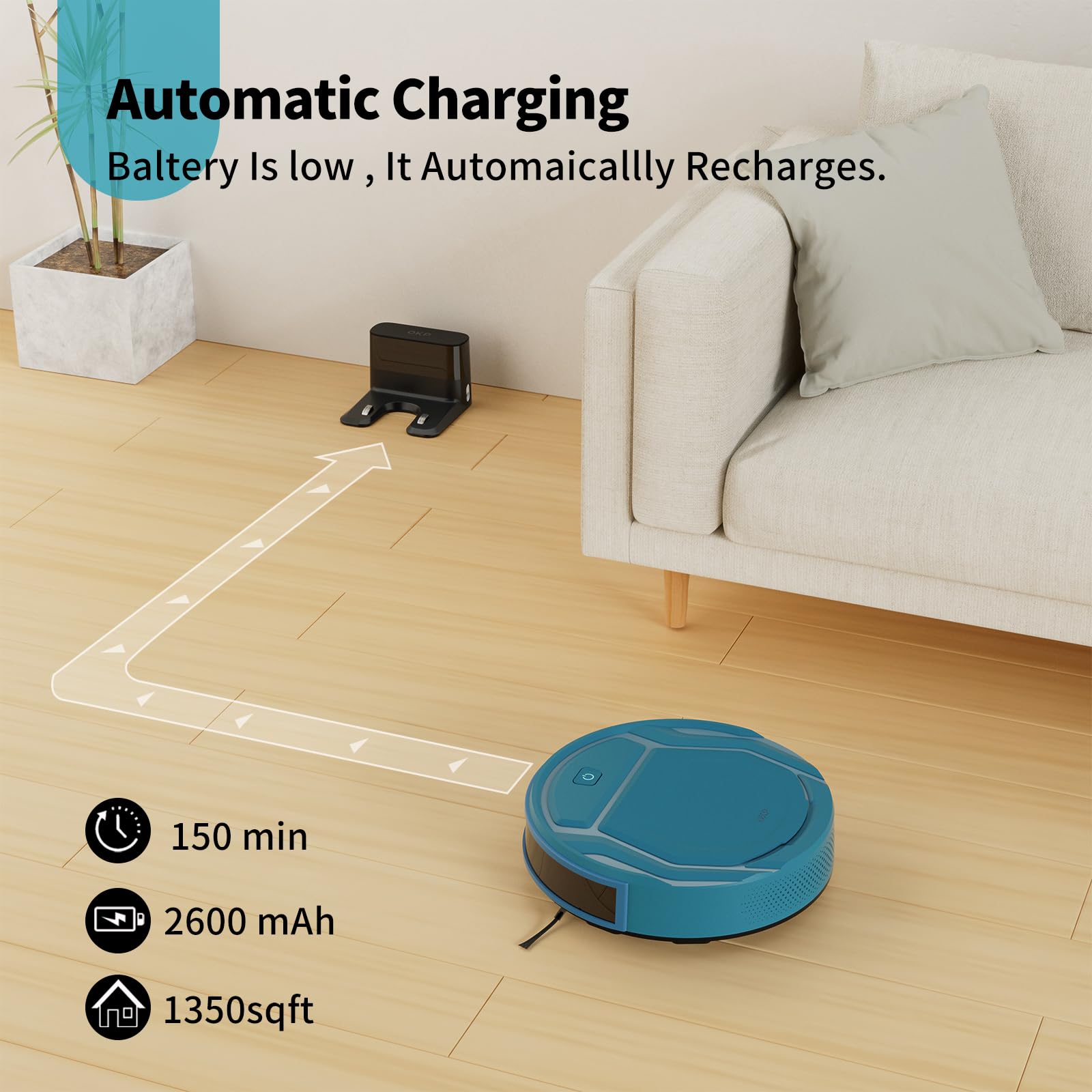 OKP K2-Pro Robot Vacuum Cleaner with WiFi/App/Alexa Control, Smart Mapping & Auto Charging - Powerful Suction for Pet Hair, Carpets & Hard Floors - Ultra Quiet Cleaning for Home, Office & Apartment Use