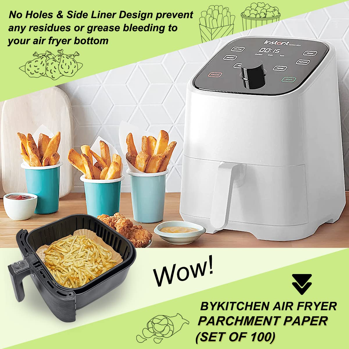 BYKITCHEN 100-Pack 9 Inch Unbleached Air Fryer Liners - Square Nonstick Parchment Paper for COSORI, Ninja, Tower - Perfect for Easy Cleanup & Healthy Cooking