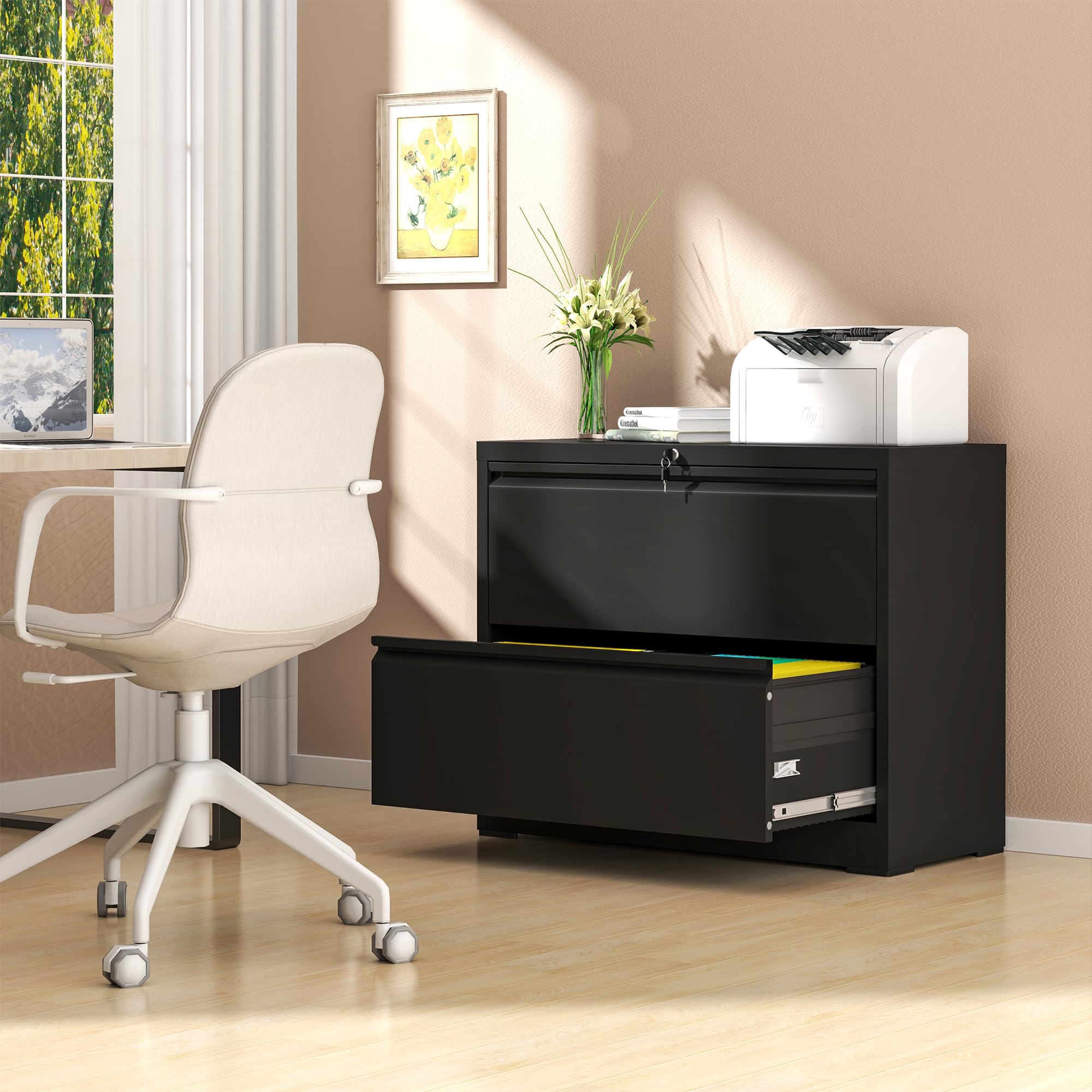 AQY 2-Drawer Locking Metal File Cabinet - Steel Lateral Office Storage for Letter/Legal/F4/A4 Hanging Files - Home & Office Organization Solution (Black) - Perfect for Document Storage in Small Spaces & Shared Workspaces