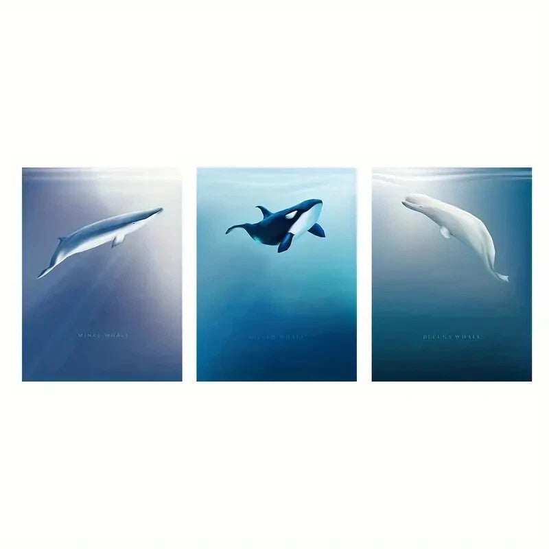 3-Piece Sea Life Metal Wall Art - White, Black & Blue Whale Prints - Ready to Hang Ocean Themed Decor for Living Room, Bedroom or Office
