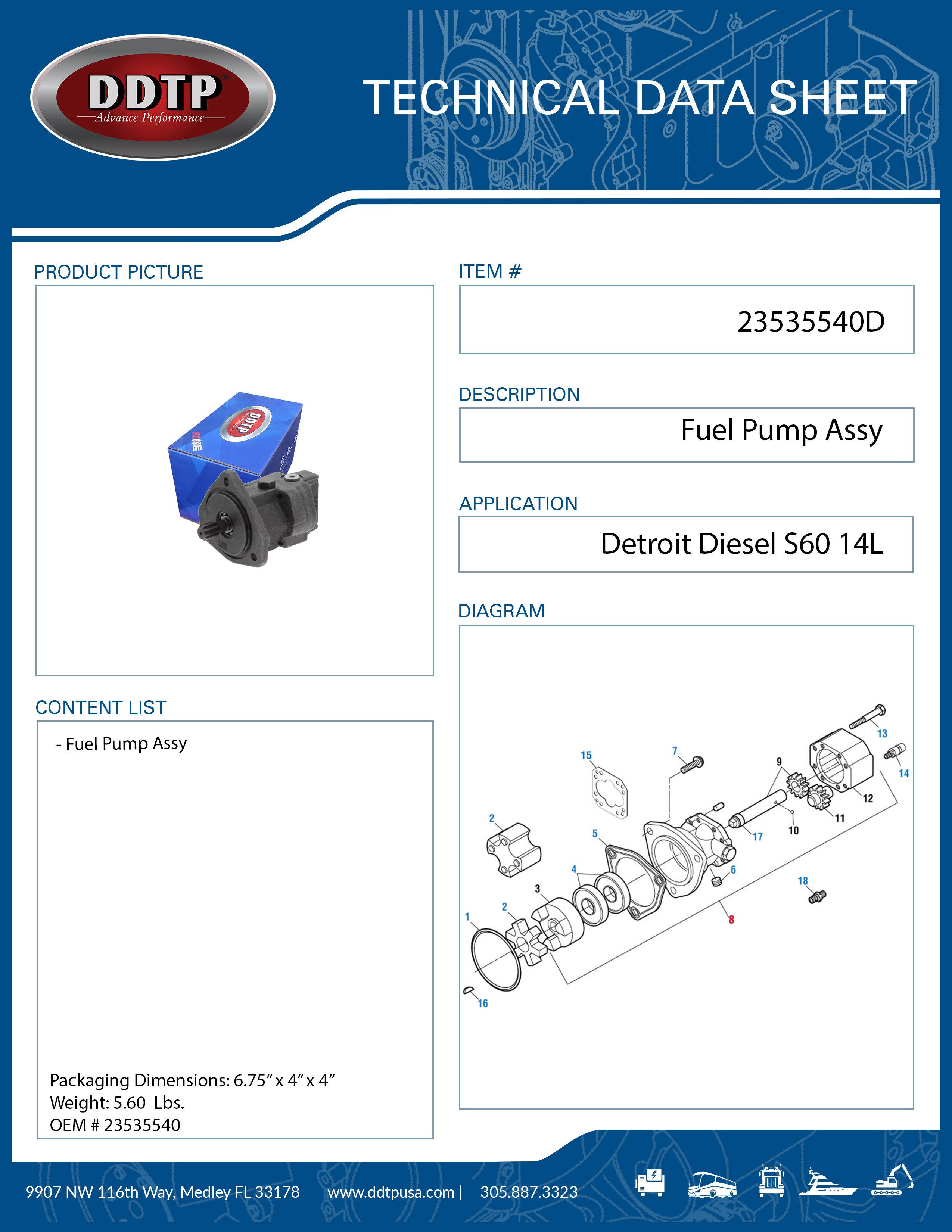 Detroit Diesel S60 14L Fuel Pump Assembly (Part# 23535540) - Replacement Fuel Pump for Heavy Duty Trucks & Commercial Vehicles