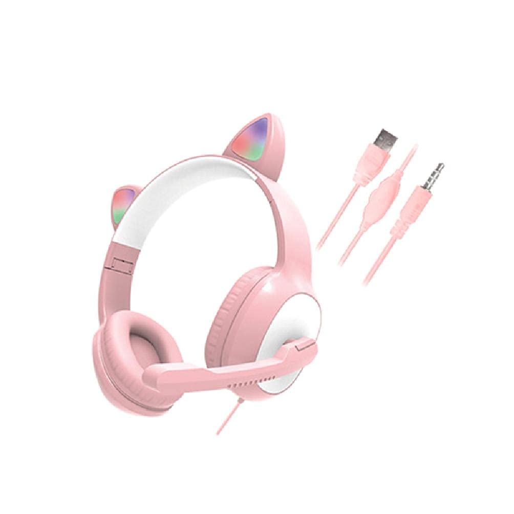 XIWUYA RGB LED Gaming Headset with Microphone - 7.1 Surround Sound Over-Ear Cat Ear Headphones for PC, PS4, PS5 - Wired USB Headset with Noise Cancelling Mic (Pink) - Perfect for Gaming, Streaming & Online Classes