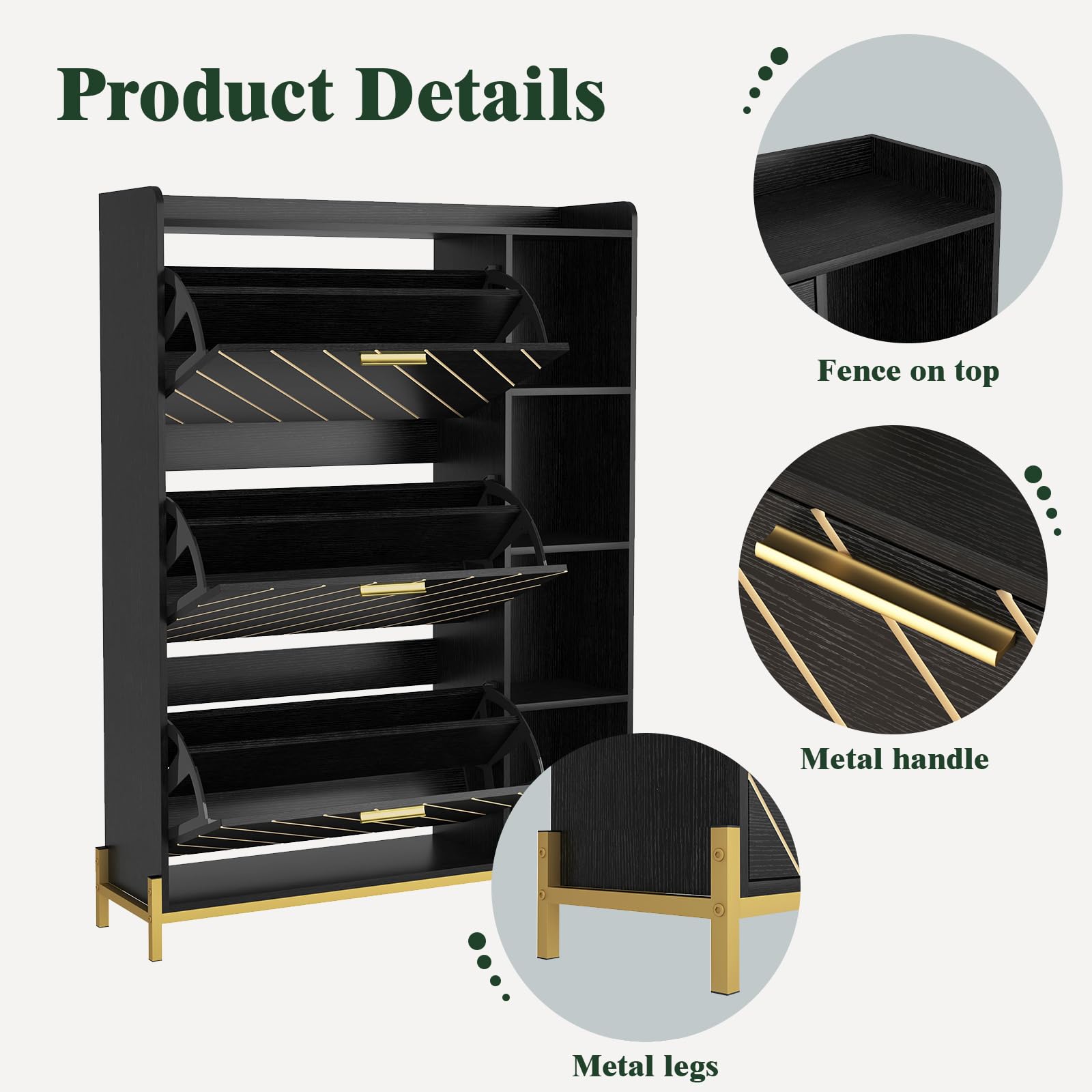 Wooden Shoe Cabinet Organizer with 3 Flip Drawers & 2 Adjustable Shelves - Open Storage Rack for Entryway, Closet, or Door Entrance - Perfect for Heels, Boots, Slippers & Narrow Spaces (Black) - Ideal for Small Apartments, Mudrooms & Organized Home Entryways