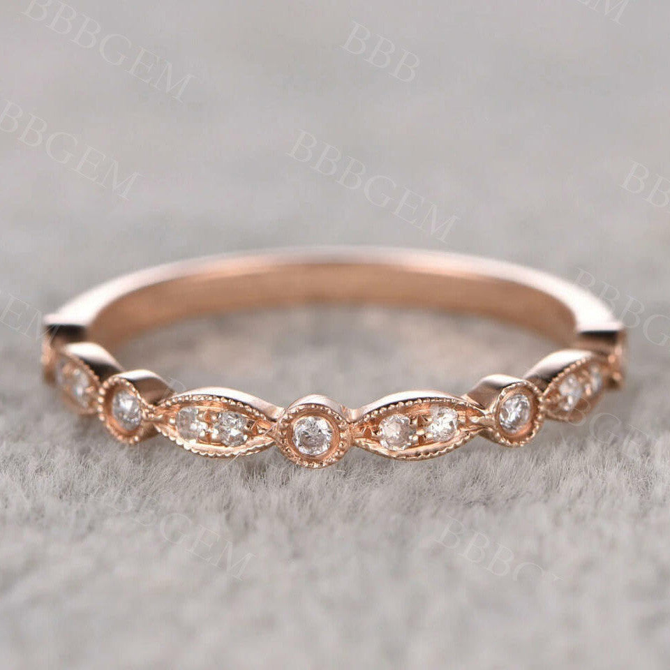 Moissanite Wedding Band for Women - 14K/18K Rose Gold Half Eternity Ring with Marquise Cut Stones | Elegant Bridal Jewelry, Anniversary Gift, Engagement Ring Alternative