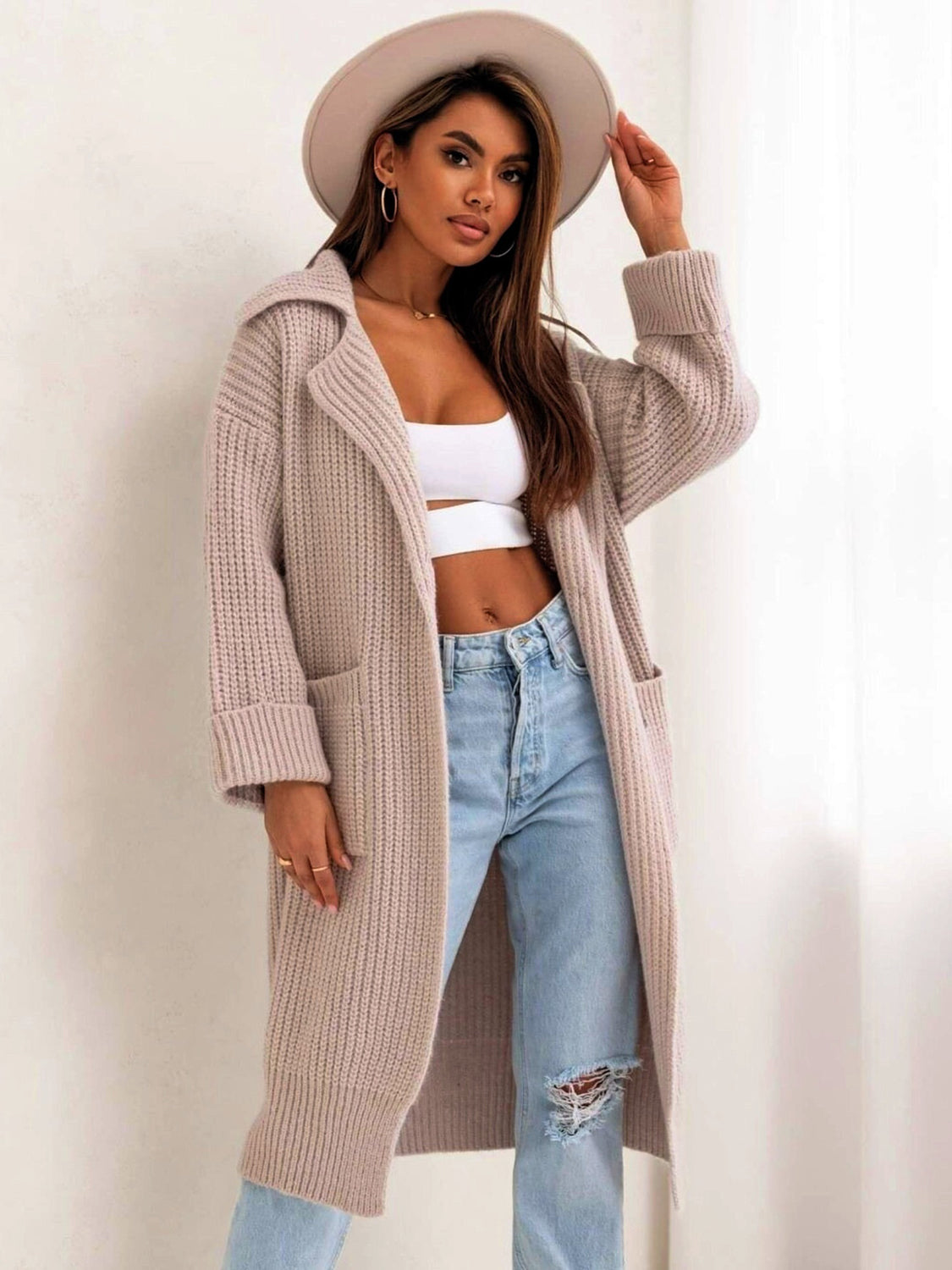 Women's Stylish Pocketed Collared Neck Drop Shoulder Cardigan Sweater - Perfect for Office Wear, Casual Outfits & Fall Layering
