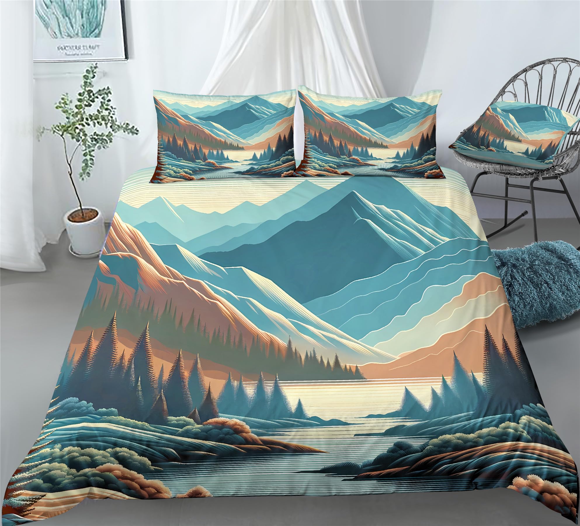 REALIN Hawthorn Bedding 3D Duvet Cover Set - Japan Forest Mountain River Design - 2/3/4PCS Quilt Cover with Sheets & Pillow Shams - Twin/Full/Queen/King Size (Queen 228x228cm 4PCS, Green) - Perfect for Bedroom Decor, Guest Room & Cozy Home Styling