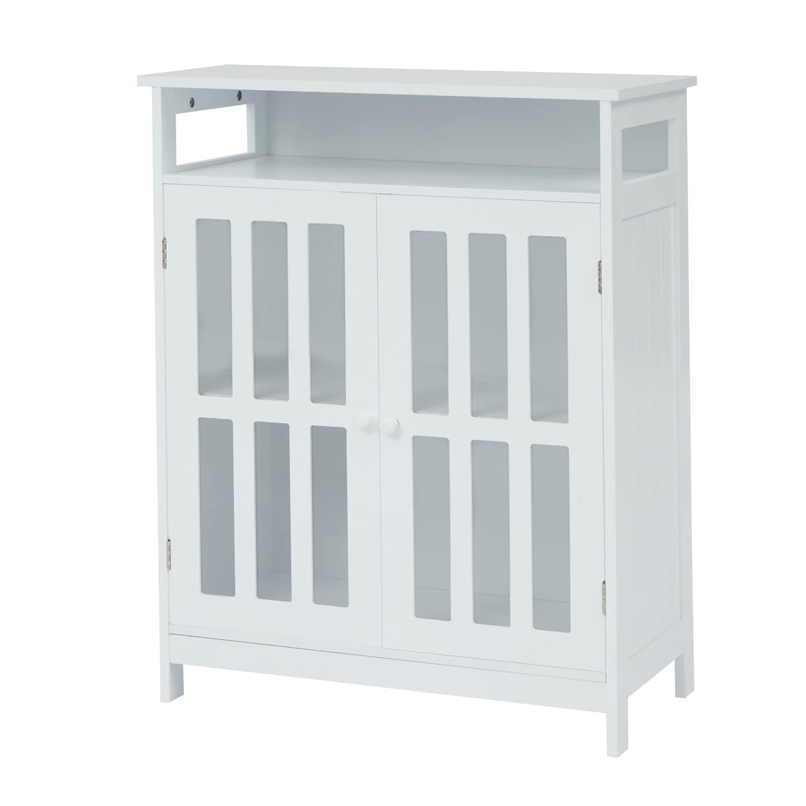 White Wooden Bathroom Floor Cabinet with Open Shelf & 2 Acrylic Glass Doors - Storage Organizer for Bathroom, Living Room, Bedroom & Entryway - Easy Assembly - Perfect for Small Space Organization & Home Decor