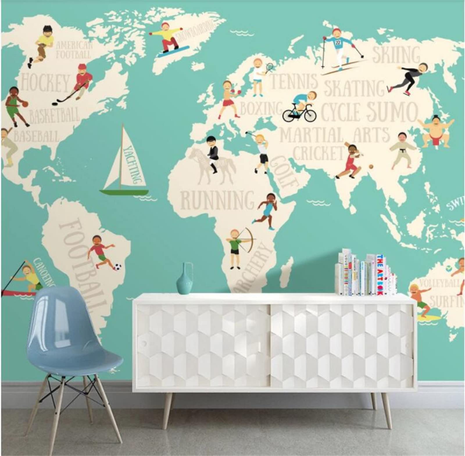 3D Cartoon Sports World Map Wall Mural - Modern Nordic Style Wallpaper for Teen Bedroom, Living Room & TV Wall Decor (118