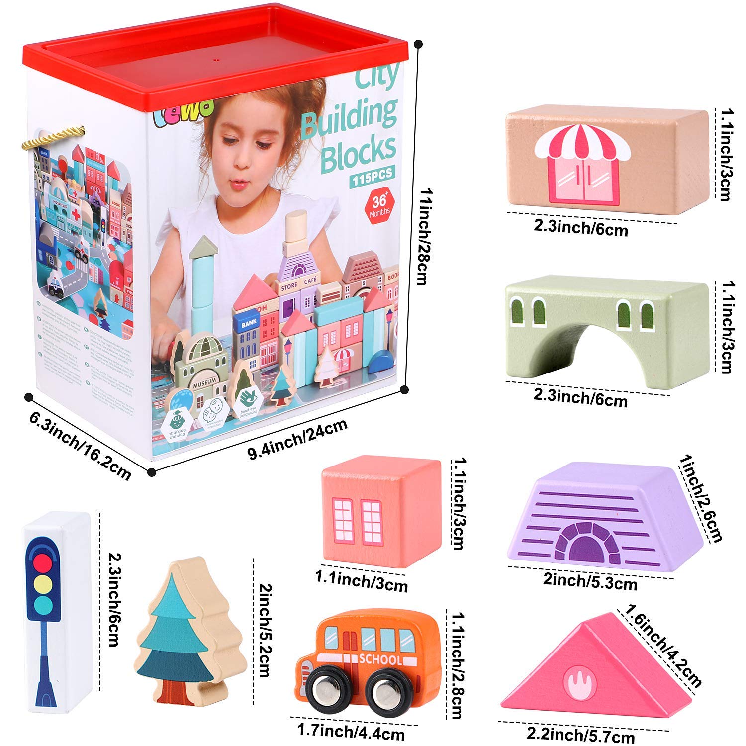 Lewo 115pcs Wooden Building Blocks - Educational STEM Toys for Kids 3-6 Years | Creative City Map Playset for Preschool Learning