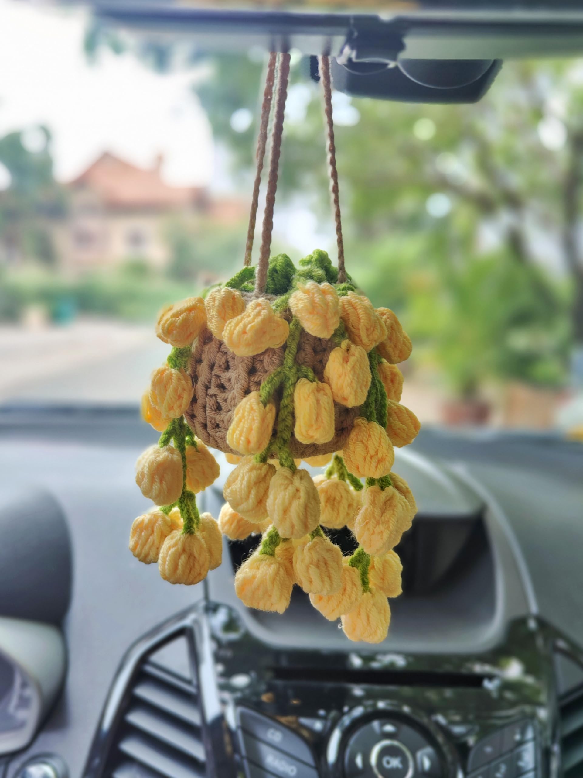 Handmade Boho Crochet Car Hanging Decor - Golden Shower Plant Charm for Rearview Mirror Accessories, Unique Car Ornament for Hippie & Vintage Style Vehicles - Perfect for Road Trips, Gifts & Boho Interior Styling