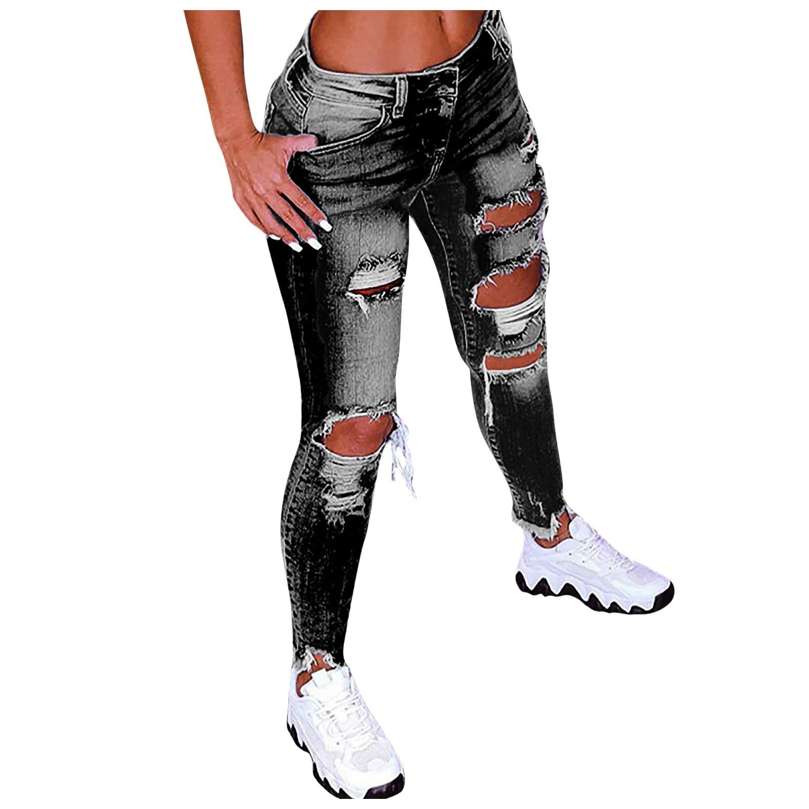 WUAI Women's Ripped Boyfriend Jeans - Cute Distressed Stretch Skinny Denim Pants with Holes | Comfortable Pull-On Design for Casual Outfits, Streetwear & Everyday Wear