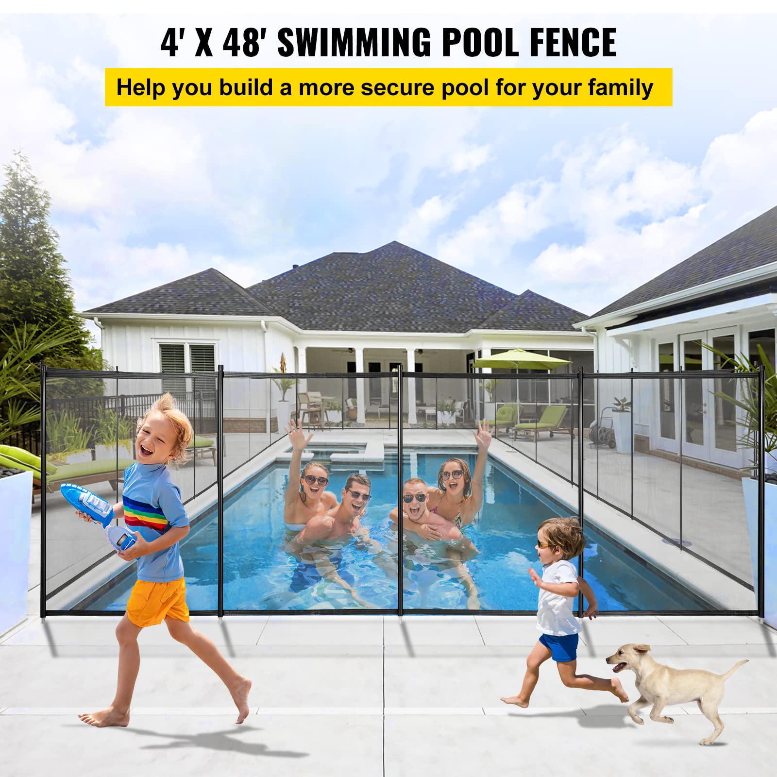 HappyBuy 4FT x 48FT Removable Mesh Pool Safety Fence - DIY Childproof Barrier for Inground Swimming Pools, Durable Black Mesh Fencing for Kids & Pet Protection - Perfect for Backyard, Garden & Vacation Home Safety