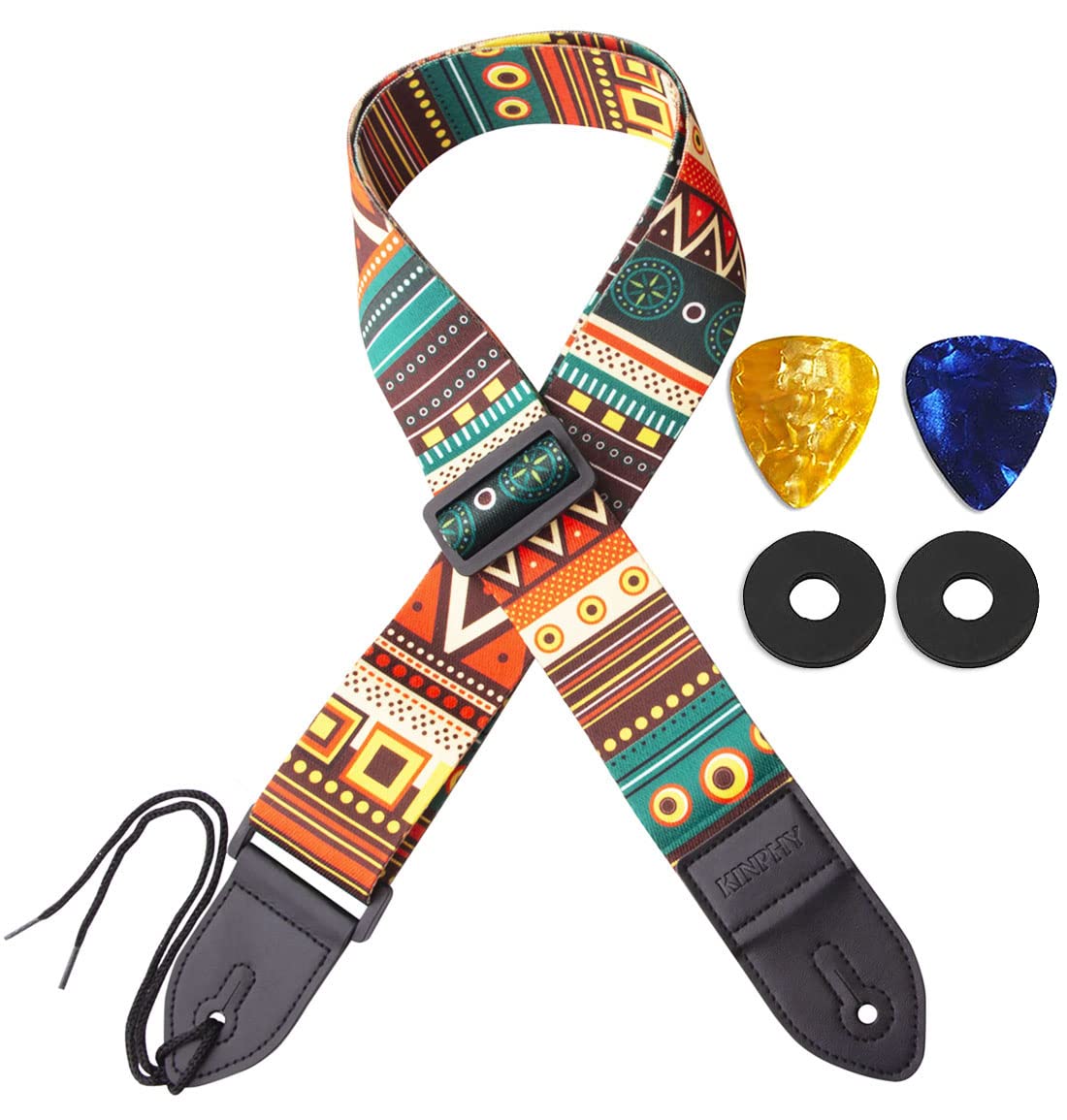Premium Guitar Strap for Acoustic & Electric Bass - Adjustable Leather Ends with Strap Locks & Includes Free Picks - Perfect for Live Performances, Studio Sessions & Practice