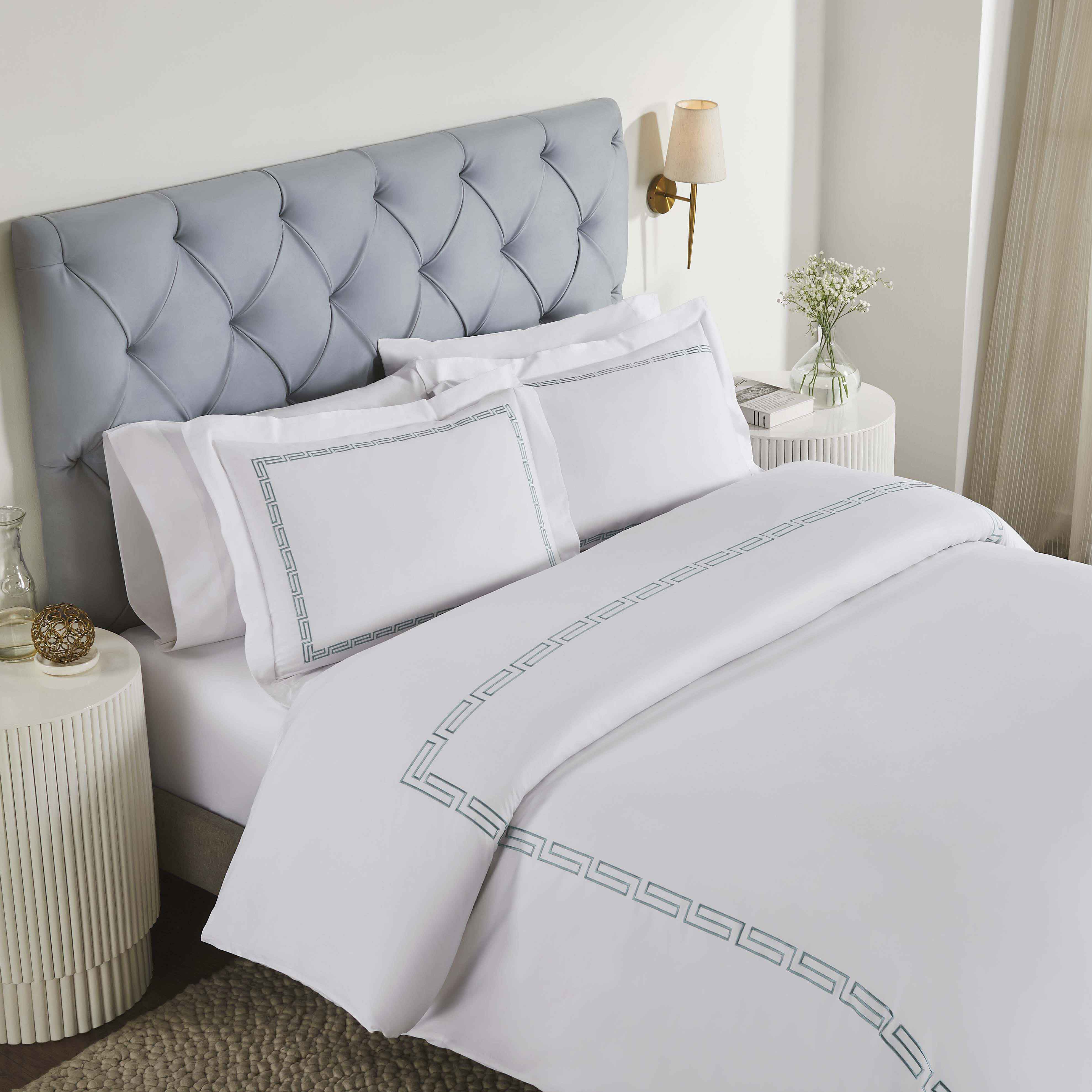 Harrison Cotton Greek Key Embroidered 3-Piece Duvet Cover Set - Queen Size Bedding Set for Modern Bedroom Decor