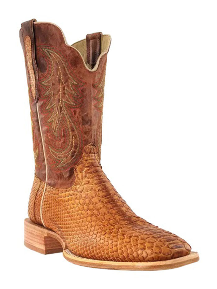 R.Watson RW7915 Men's Western Boots - Genuine Python Leather, Wide Square Toe, Camel Color - Perfect for Cowboy Rides, Country Music Festivals & Western Fashion