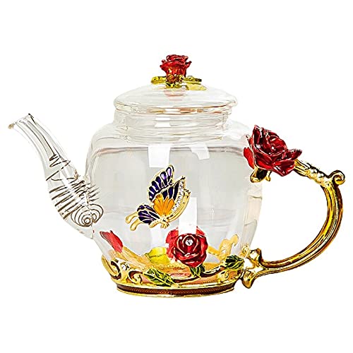 **Heat-Resistant Glass Teapot with Enamel Rose & Butterfly Decoration - Elegant Tea Kettle for Loose Leaf Tea, Herbal Infusions & Home Decor (Color: A)**    *Perfect for Afternoon Tea, Gifts, or as a Stylish Kitchen Centerpiece*