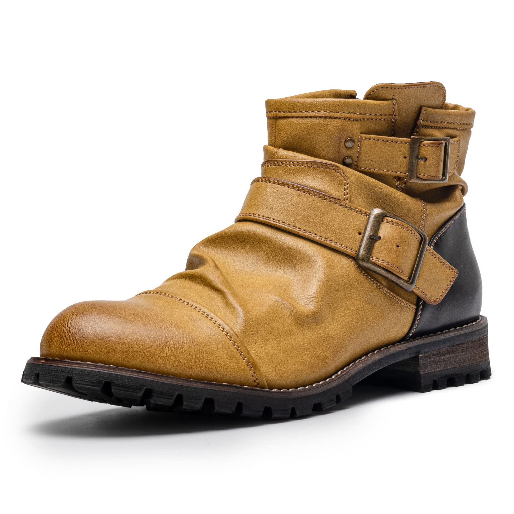 AMAPO Western Cowboy Men's Boots - Mid-Tube Chukka Boots with Thick Heel, Zipper & Buckle Design for Casual & Motorcycle Use, Perfect for Outdoor Adventures & Urban Style