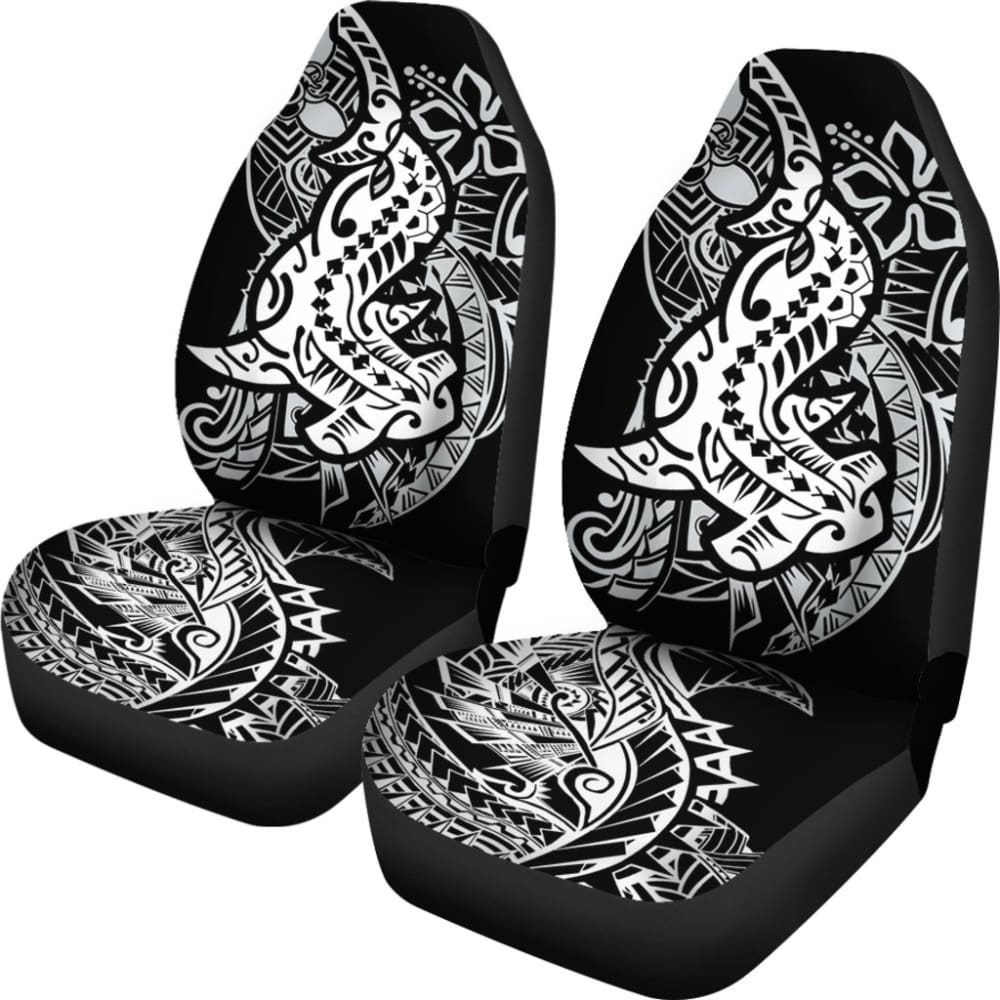 Premium Black & White Hawaiian Polynesian Shark Tattoo Design Car Seat Covers - Waterproof & Non-Slip for Trucks, SUVs, Sedans - Perfect for Beach Trips, Surfing Adventures & Tropical Themed Vehicles