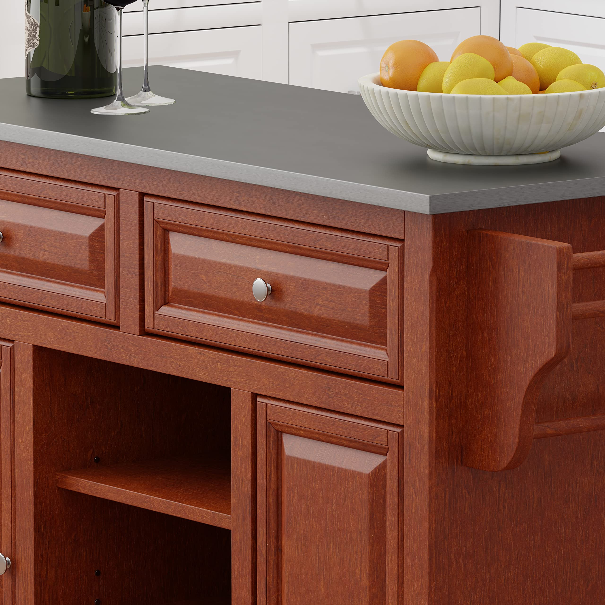 Glenwillow Home Kitchen Cart with Cherry Wood Frame & Stainless Steel Top - Perfect for Small Spaces, Kitchen Islands & Dining Room Storage