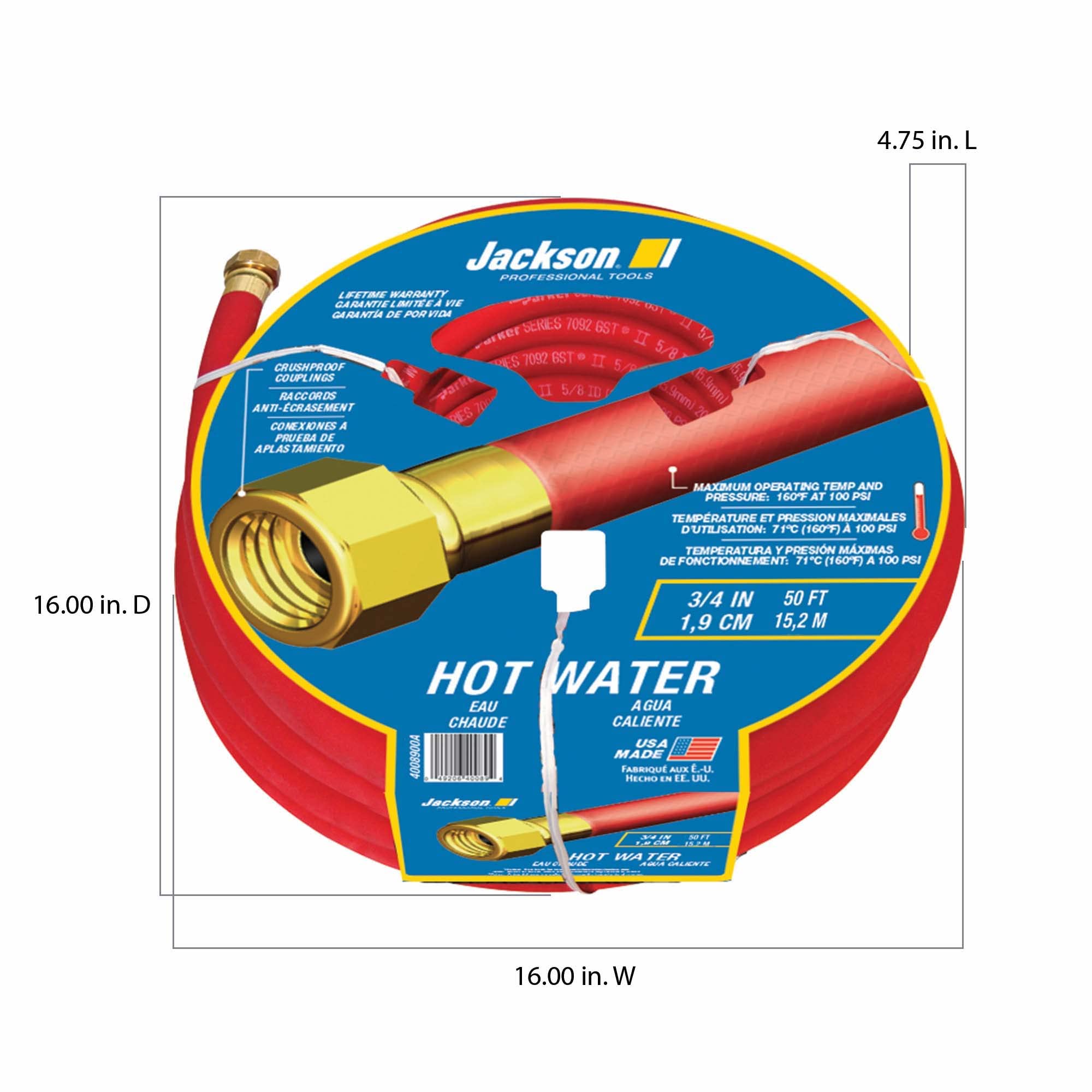 Jackson 4008900A Heavy Duty Rubber Hot Water Hose - 3/4-Inch x 50-Foot, Brass Fittings for High Temperature Applications - Perfect for Industrial, Commercial, and Home Use with Hot Water Tanks, Boilers, and Pressure Washers