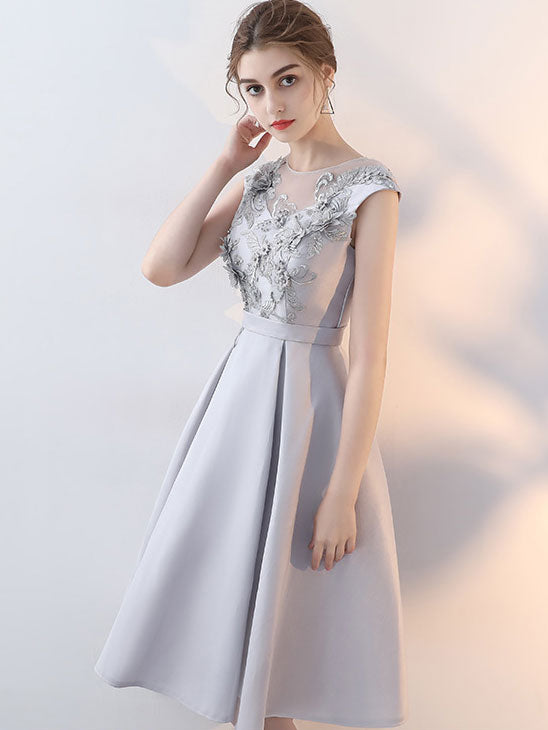 Elegant Gray Blue Fit & Flare Party Dress with Applique Embroidery - Perfect for Weddings, Cocktail Parties & Special Occasions
