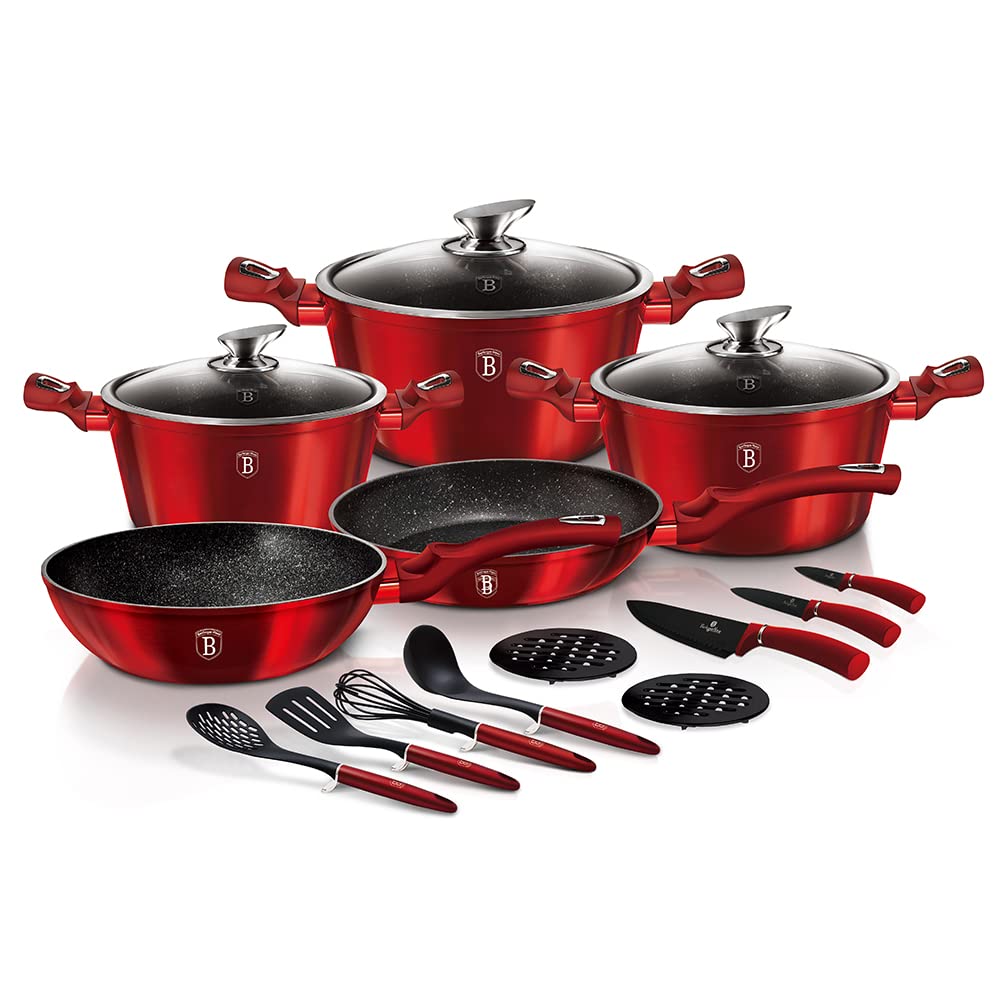 Berlinger Haus 17-Piece Nonstick Cookware Set with Utensils & Knife Set - Turbo Induction Pots & Pans, Ergonomic Handles, Dishwasher Safe (Red) - Perfect for Home Cooking, Professional Chefs & Gift Giving