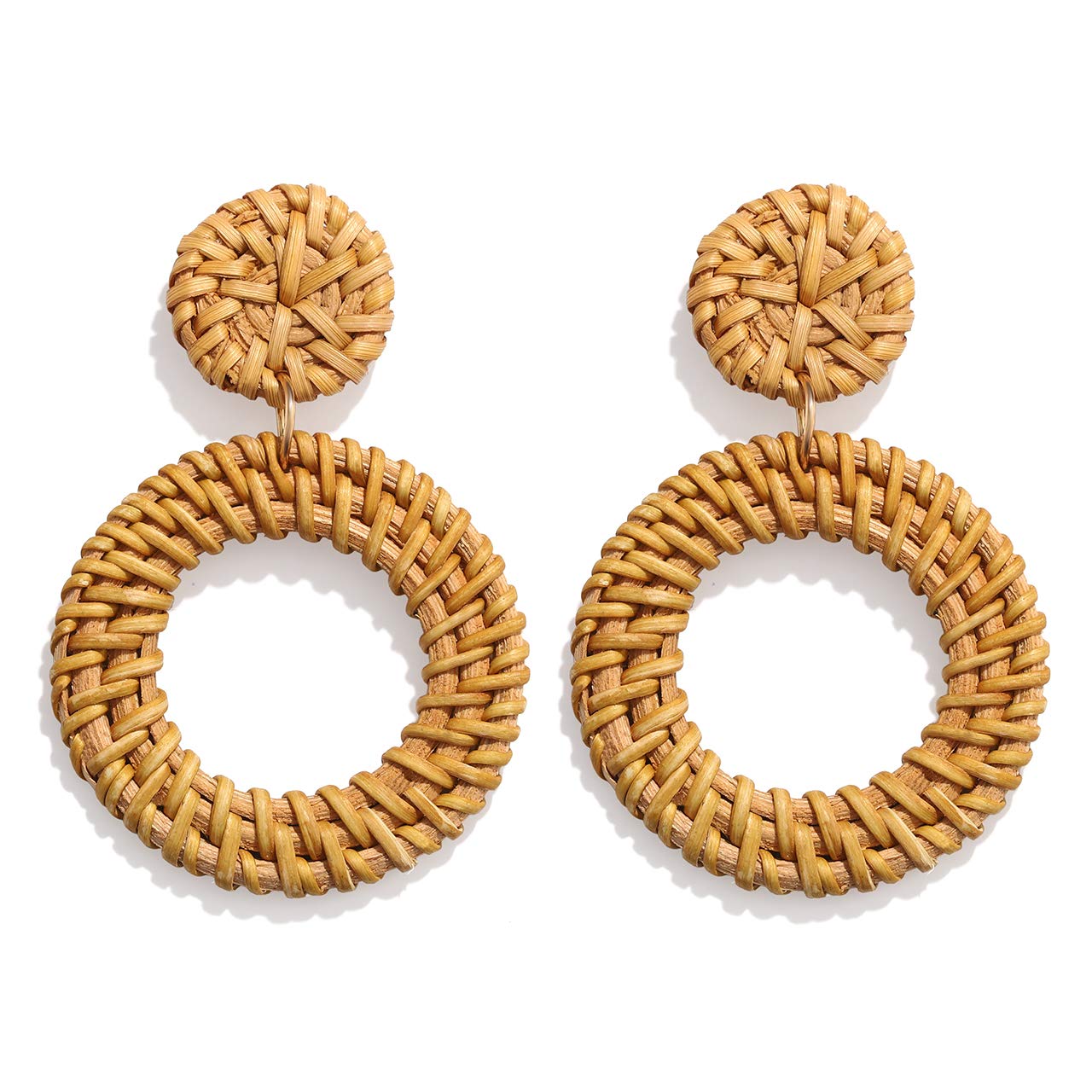 Handmade Rattan Earrings for Women - Lightweight Woven Straw Drop Hoop Earrings with Wicker Disk Stud | Boho Beach Wedding Summer Jewelry Gift
