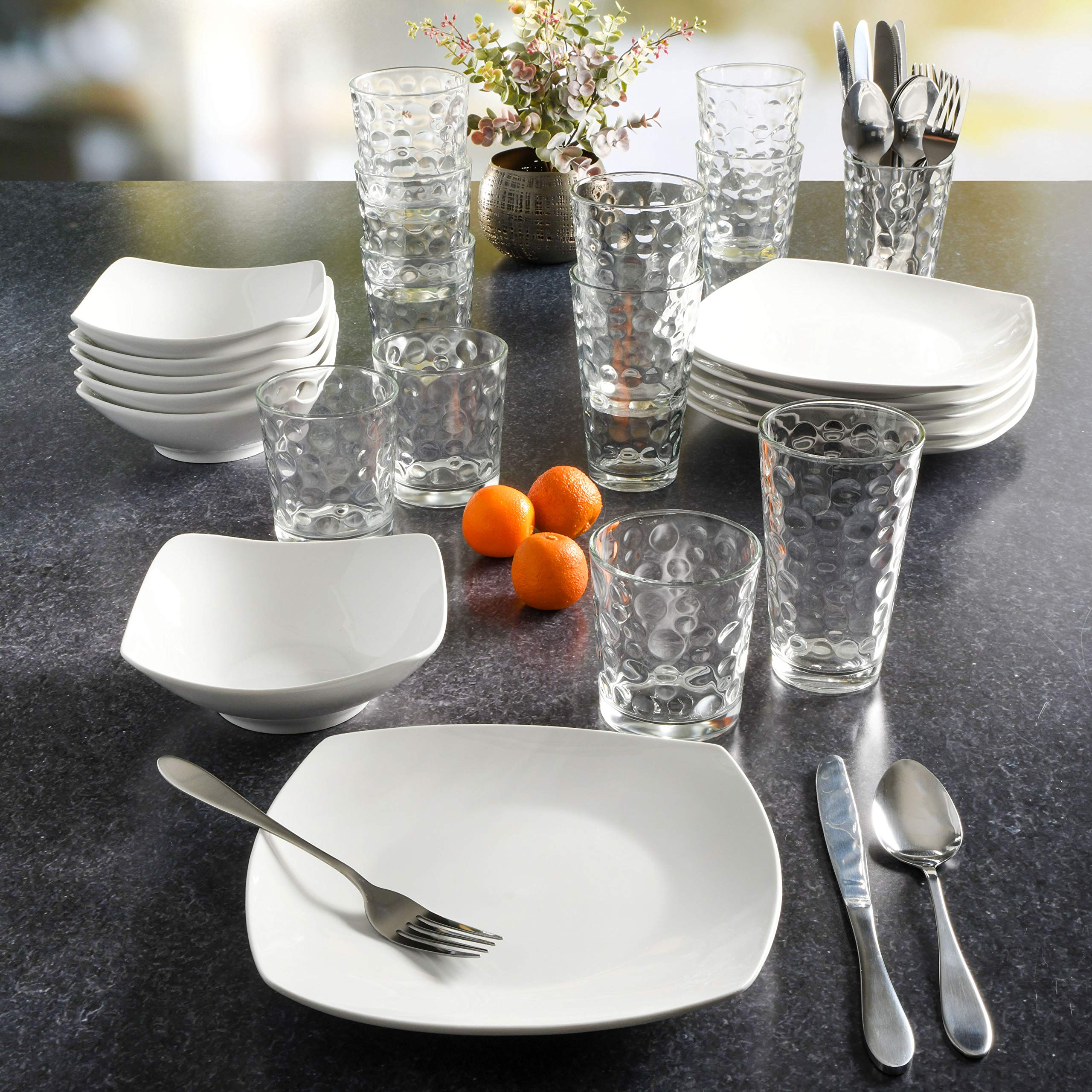 Gibson Home Zen Buffet Square Porcelain Dinnerware Set - 42-Piece Service for 6 (White) | Complete Dinnerware, Glassware & Silverware Combo | Perfect for Dinner Parties, Family Gatherings & Holiday Entertaining