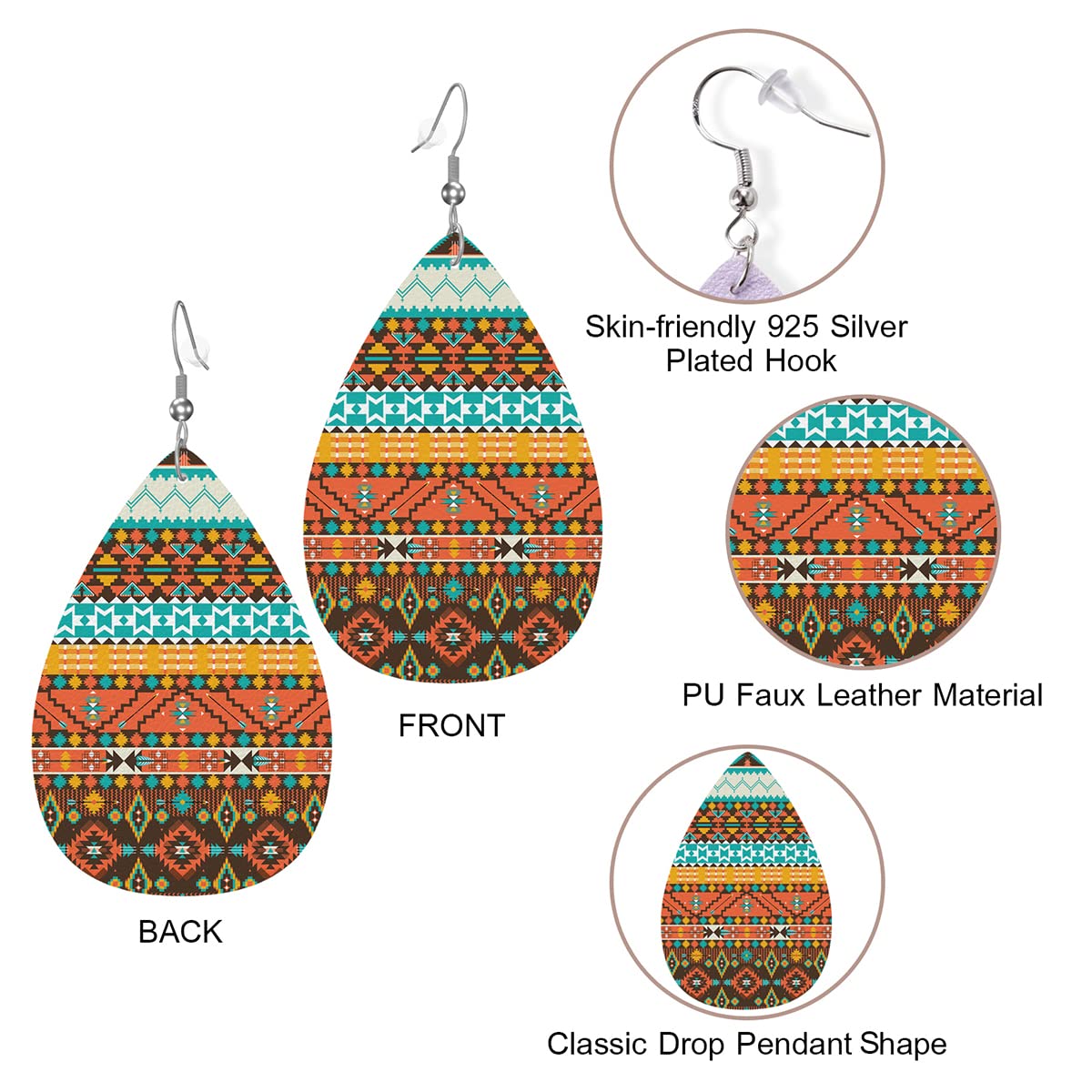 Zokola Colorful Aztec Drop Earrings - Lightweight Faux Leather Tribal Geometric Teardrop Dangle Earrings for Women | Perfect for Boho Fashion, Festivals & Everyday Wear