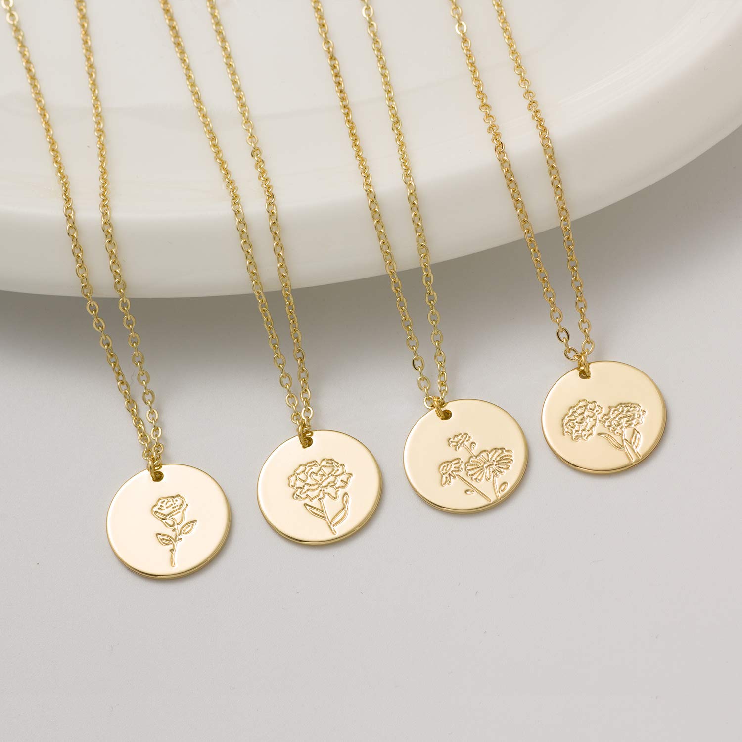 14K Gold Plated Floral Coin Pendant Necklace for Women - Personalized Birth Month Flower Jewelry, Engraved Gift for Birthday, Anniversary & Special Occasions | Elegant Layering Necklace for Everyday Wear & Formal Events