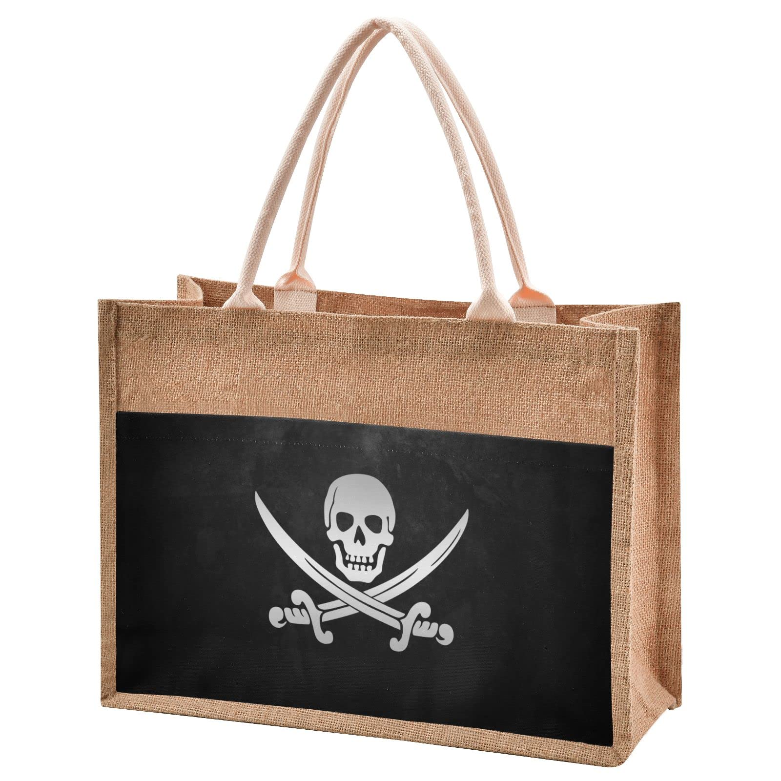 Linqin Pirate Skull Jute Tote Bag - Waterproof Burlap Straw Grocery Shopping Bag for Women & Men - Eco-Friendly Reusable Beach Tote for Travel, Market, Picnics & Daily Use