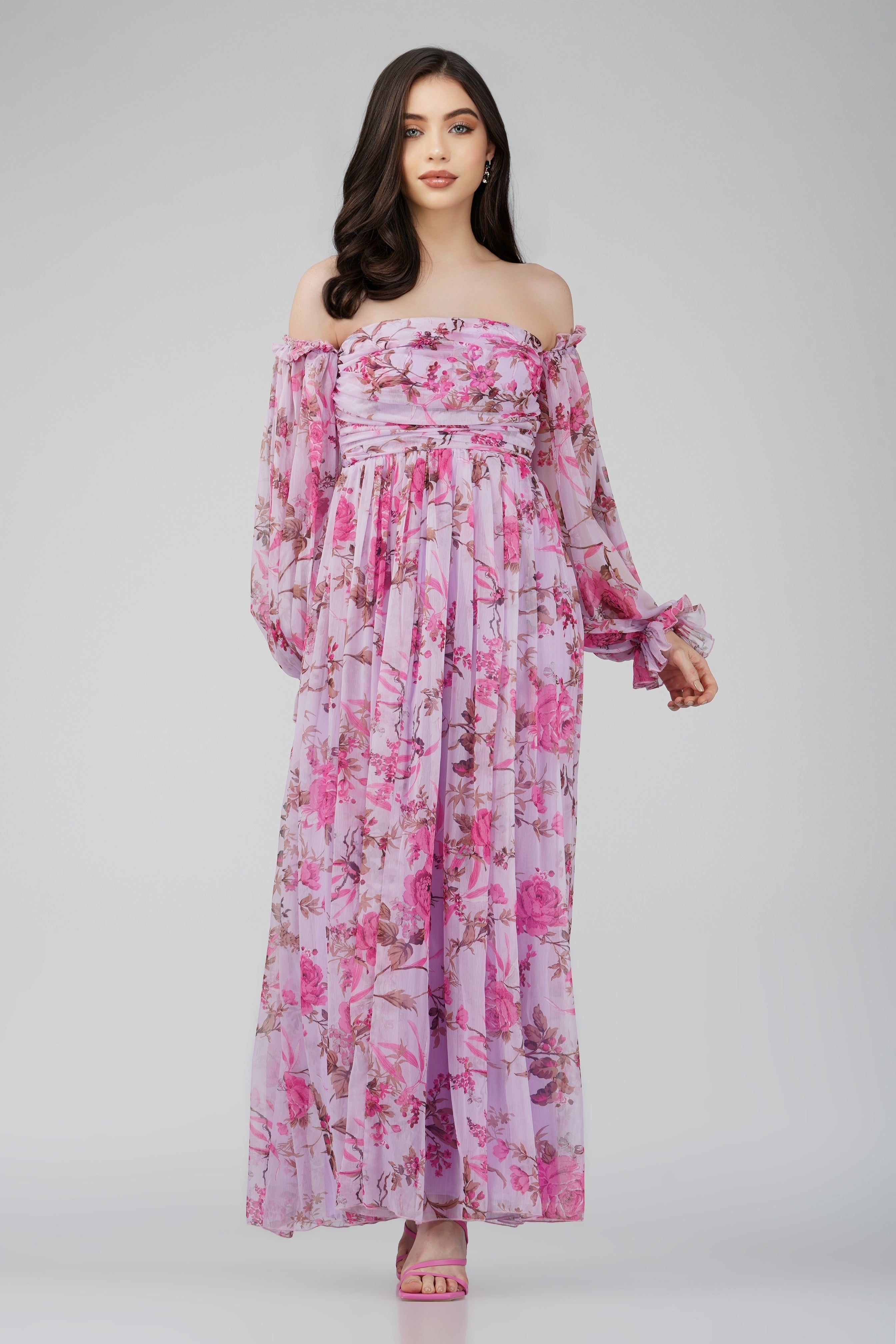 Lavender Lana Chiffon Printed Dress for Women - Floral Summer Maxi Dress with V-Neck & Flowy Skirt | Perfect for Beach Vacations, Weddings & Date Nights