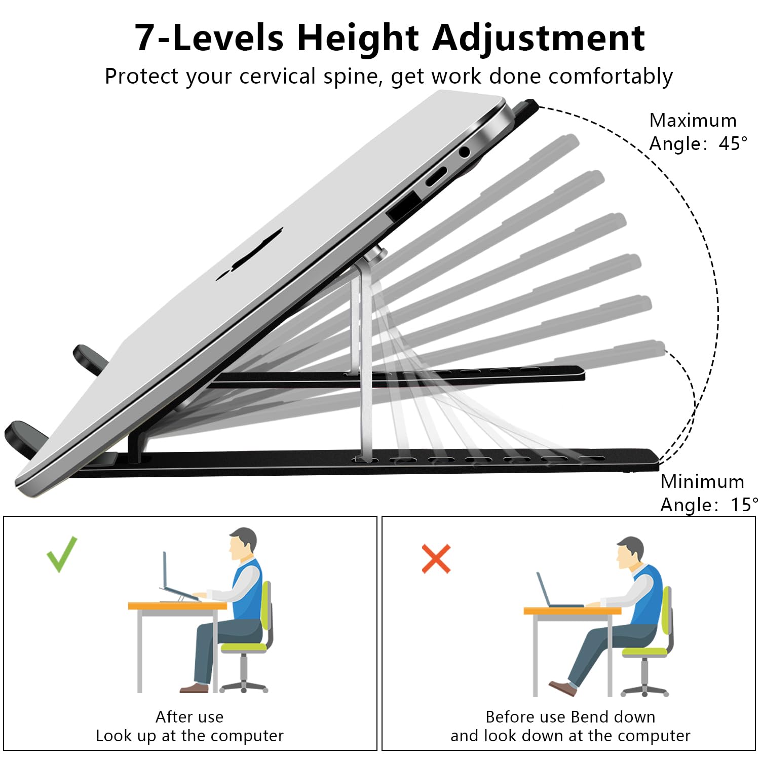 Adjustable Aluminum Foldable Laptop Stand - Portable Computer & Tablet Holder Riser for MacBook Air Pro, Lenovo, HP, Dell, 10-15.6” Devices, Black - Perfect for Home Office, Gaming, and Ergonomic Work Setup