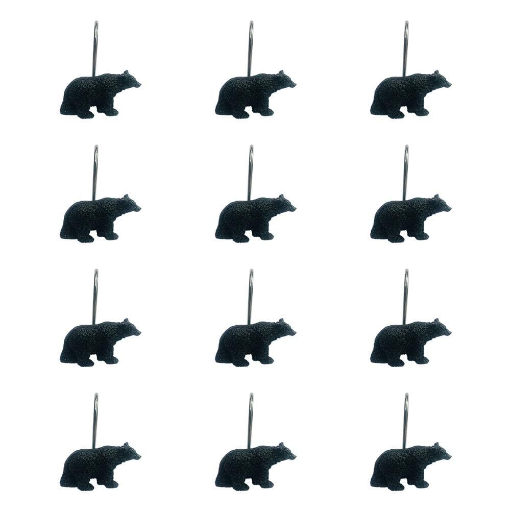 Black Bear Lodge Shower Curtain Hooks Set of 12 - Rustproof Bathroom Accessories for Cabin, Camping & Outdoor Decor - Perfect for Rustic, Lodge & Wilderness Themed Bathrooms