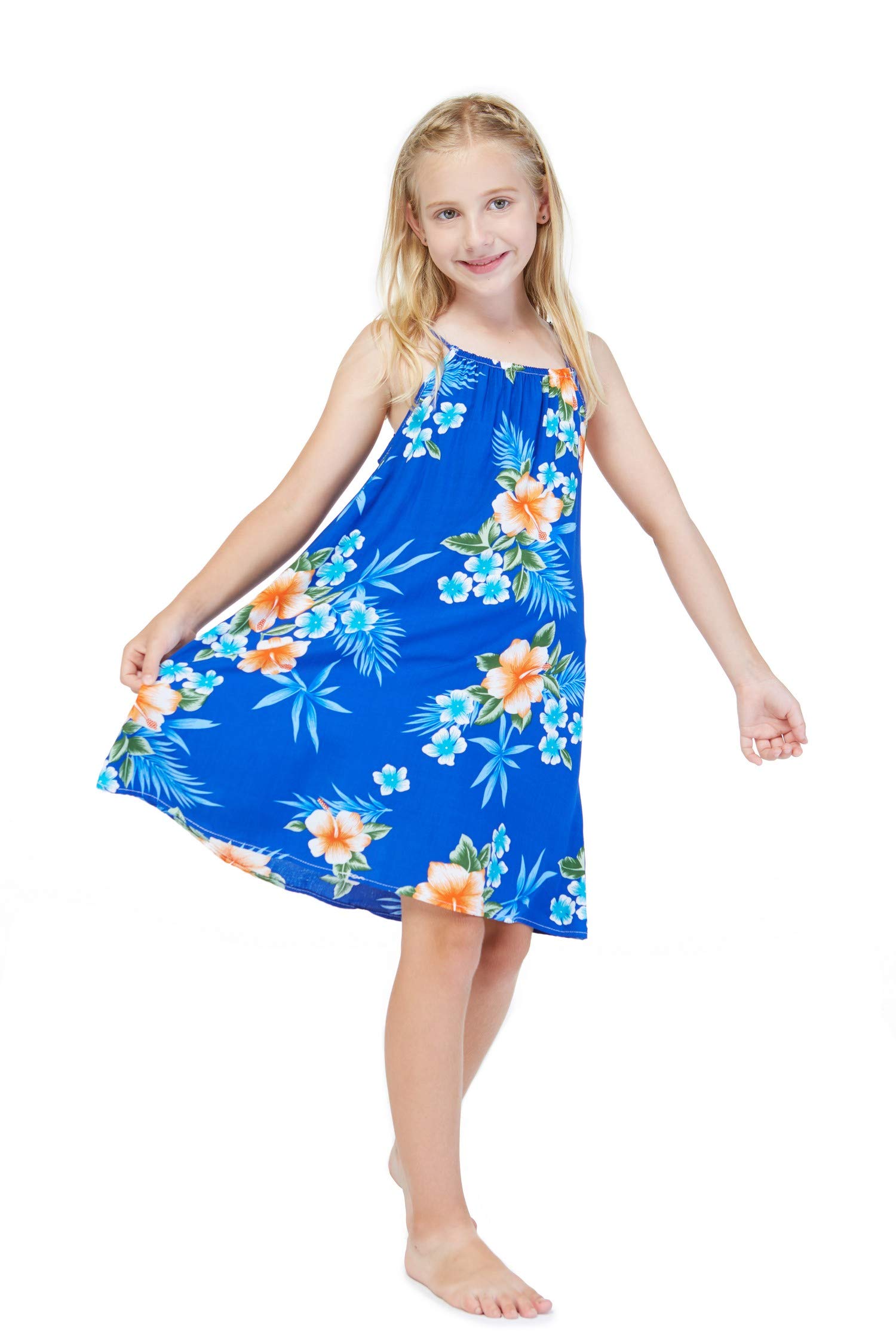 Hawaiian Luau Matching Outfits for Mother and Daughter - Floral Off-Shoulder Top & Round Neck Dress Set in Hibiscus Blue | Tropical Beach Party, Family Vacation, Summer Photoshoot
