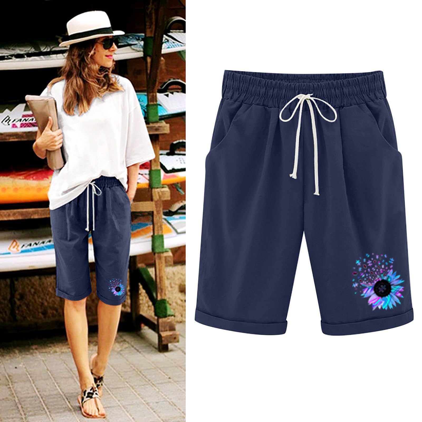 AMDBEL Women's High Waisted Bermuda Shorts with Pockets - French Terry Fleece Casual Dress Shorts for Business & Travel | Comfortable Jersey Knit Summer Shorts for Office, Outing and Vacation Wear