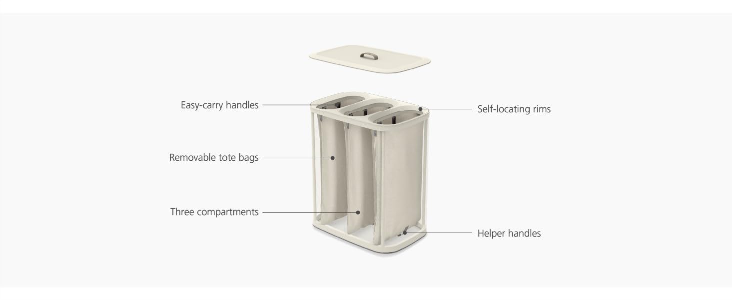Joseph Joseph Tota - 90L Laundry Hamper with Lid, 3 Removable Wash Bags & Handles, Ecru - Perfect for Bedroom, Bathroom & Laundry Room Organization