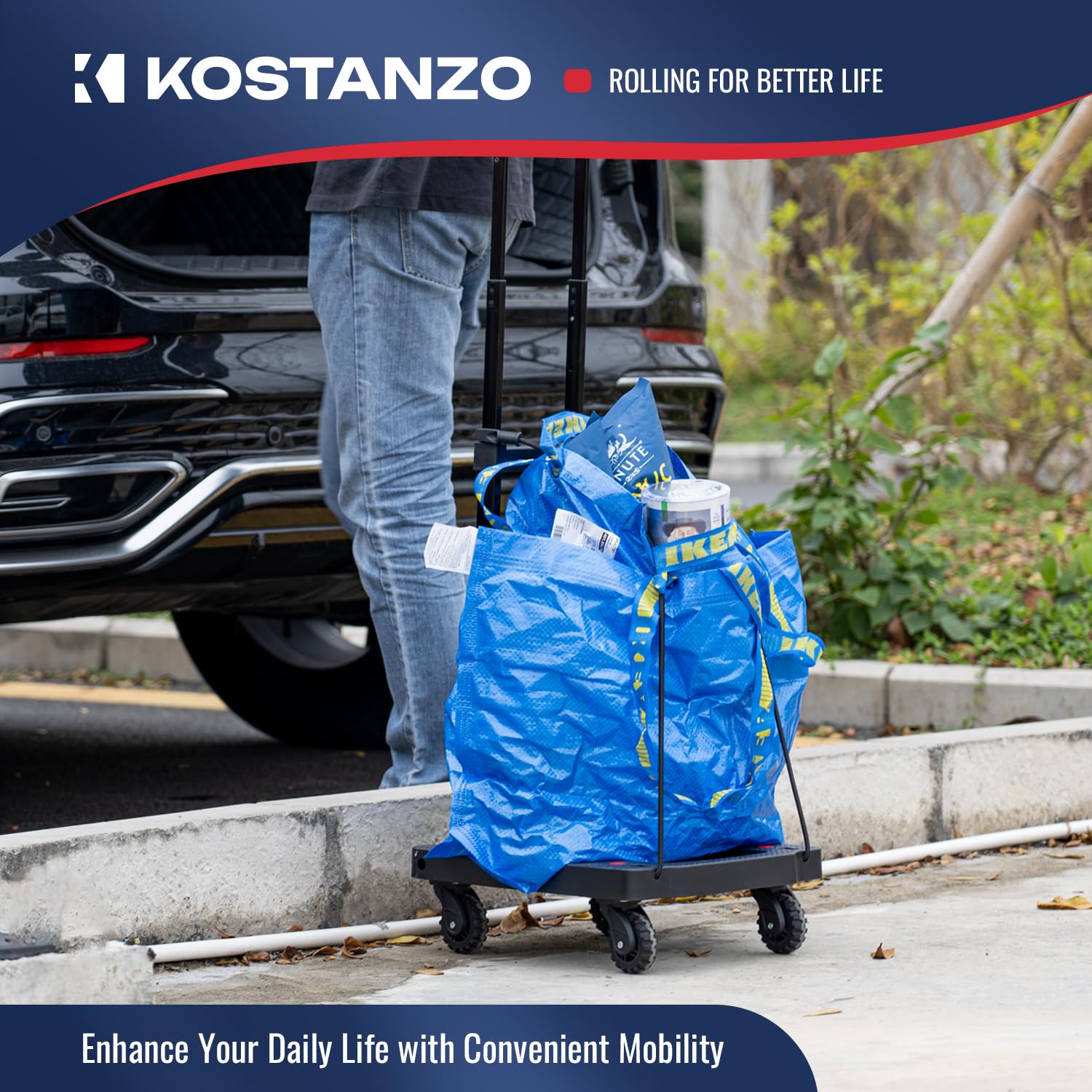 KOSTANZO Folding Hand Truck - Lightweight 4-Wheel Dolly Cart with 2 Elastic Straps, Adjustable 3-Level Handle Collapsible Luggage Cart for Travel, Office, Shopping | Portable Utility Cart for Moving Boxes, Groceries & Suitcases