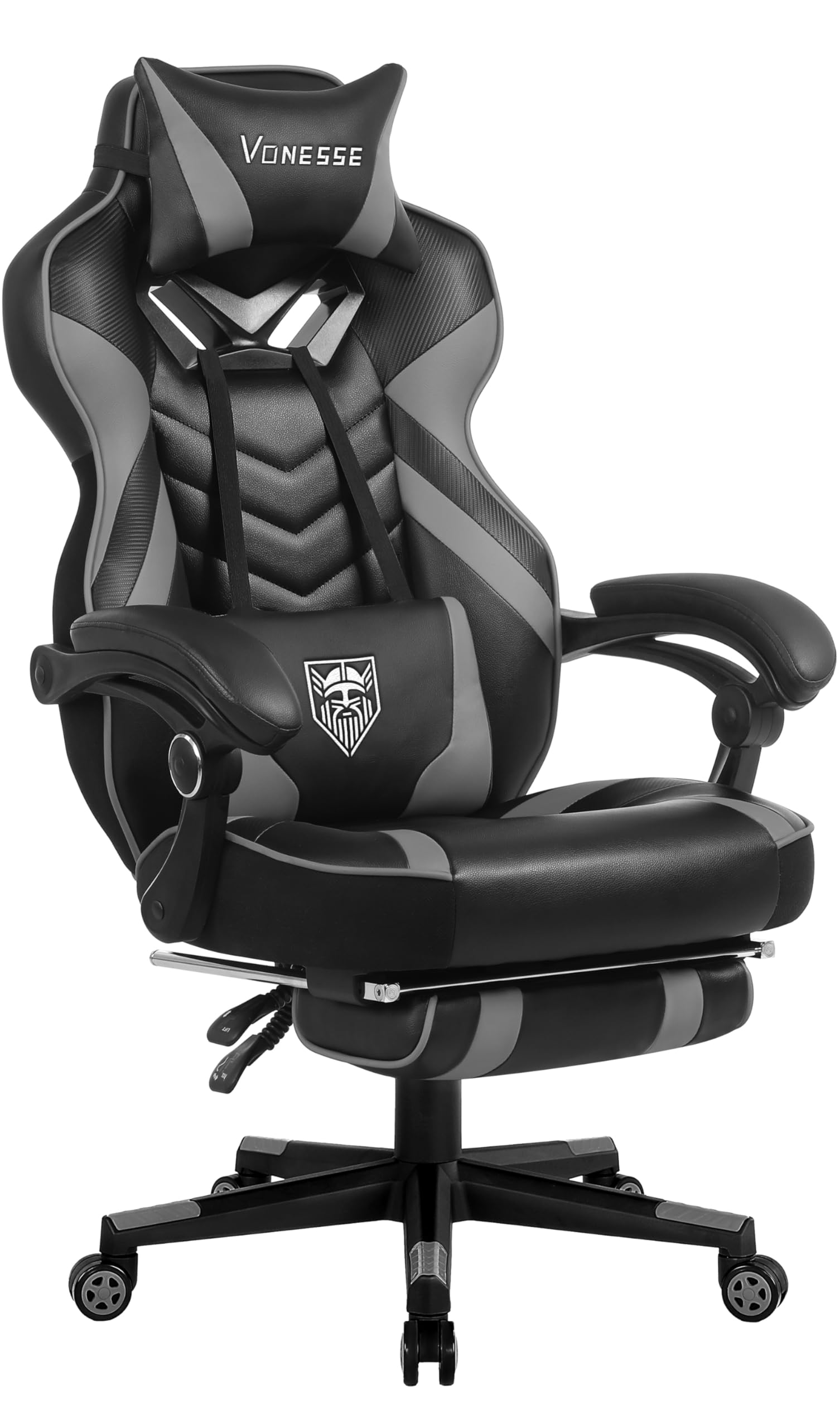Vonesse Ergonomic Gaming Chair for Adults - High Back Computer Chair with Footrest, Massage & Reclining Feature - Big and Tall Office Desk Chair for PC Gaming & Work (Grey/Black) - Perfect for Esports, Home Office & Streaming Setup