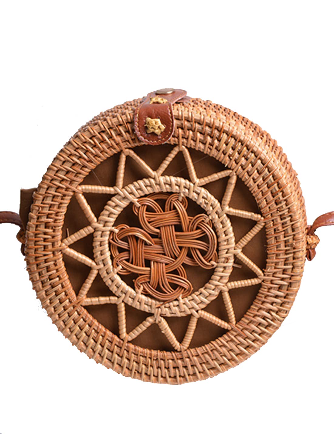 Handwoven Round Rattan Shoulder Bag - Natural Woven Straw Purse with Leather Strap - Perfect for Beach Vacations, Summer Outfits & Boho Fashion Accessories