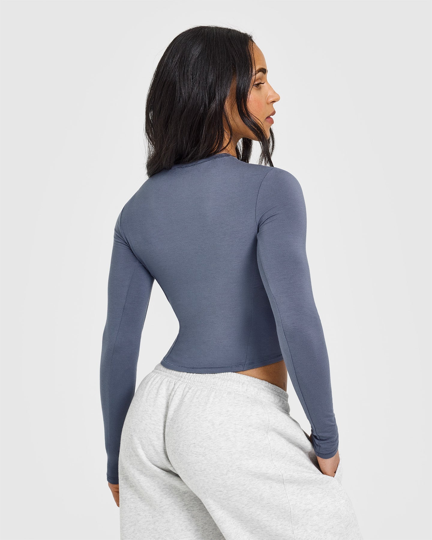 Mellow™ Soft Mid Long Sleeve Women's Tops - Comfortable Stretch Cotton Blend Shirt in Granite Blue | Casual Wear, Layering, Office Outfits & Everyday Fashion