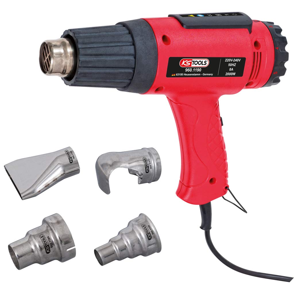 KS TOOLS Heat Air Blow Gun Set with 4 Attachments - Professional Hot Air Gun for Soldering, Shrink Wrapping, Paint Stripping & DIY Projects
