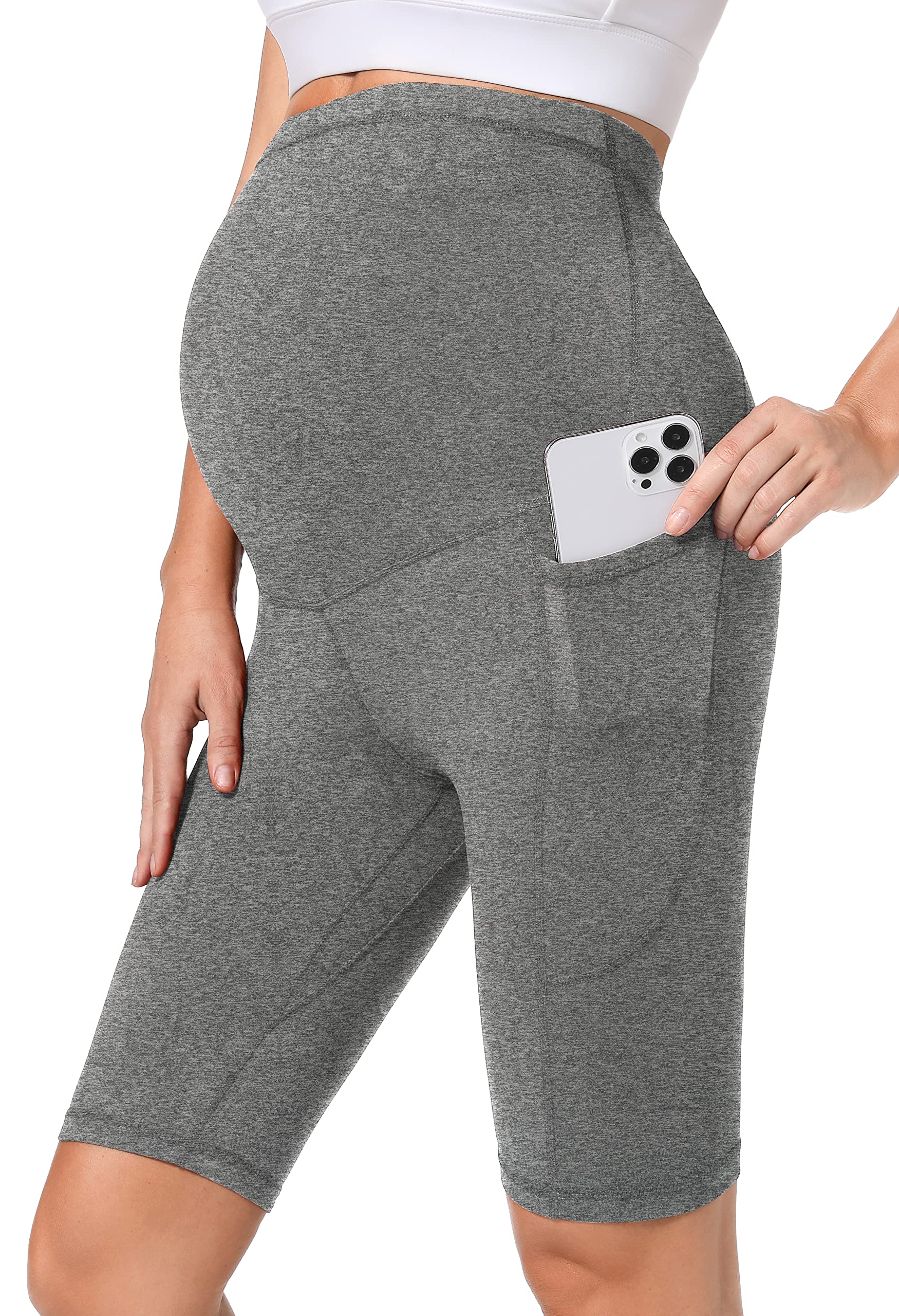 Foucome Women's Maternity Bike Shorts - Over The Belly Pregnancy Yoga Workout Running Shorts with Pockets - 9 Inch Length - Perfect for Prenatal Exercise, Gym & Daily Comfort